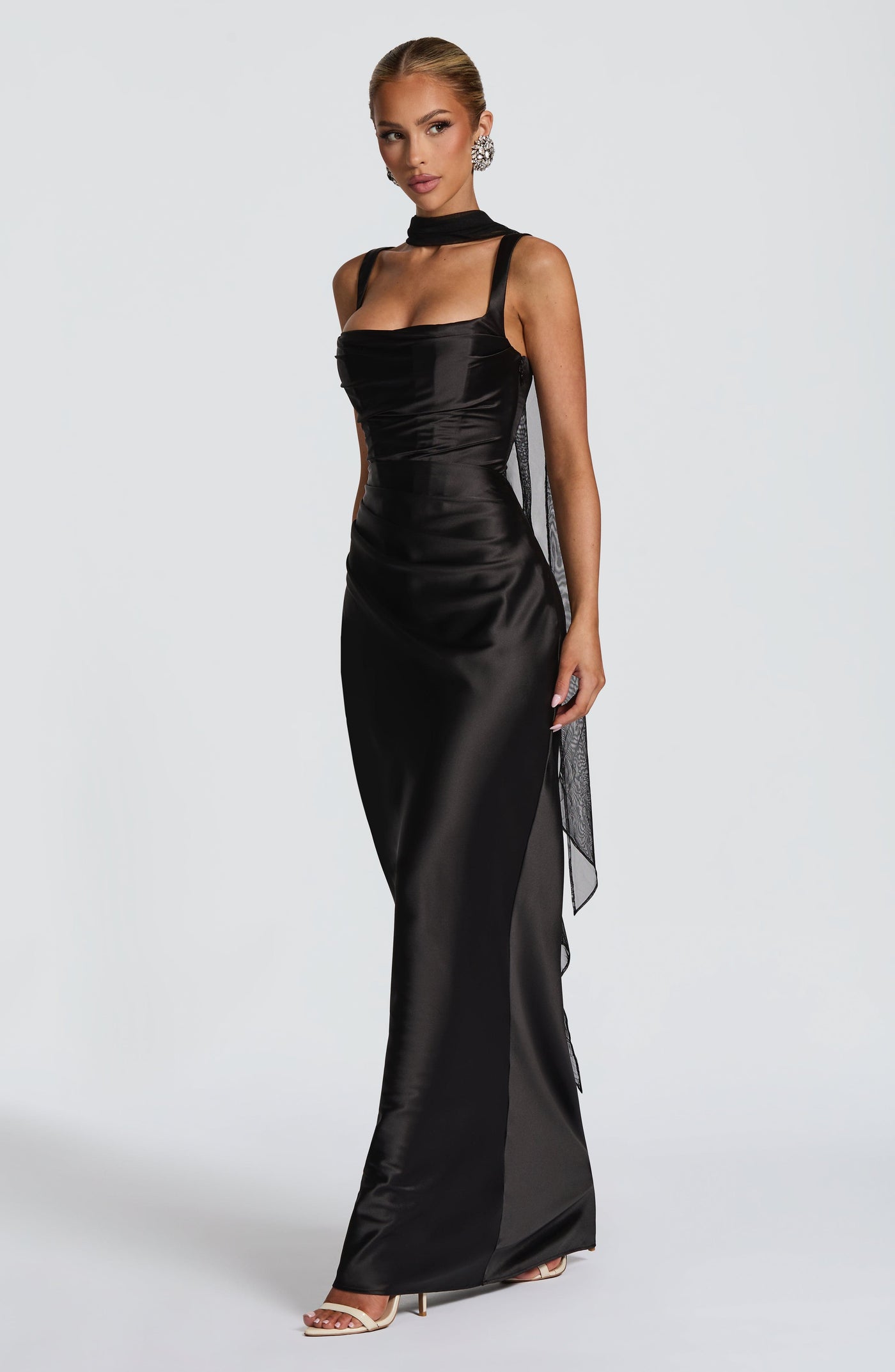 Satin Square Neck Ruched Scarf Mermaid Maxi Gown 5