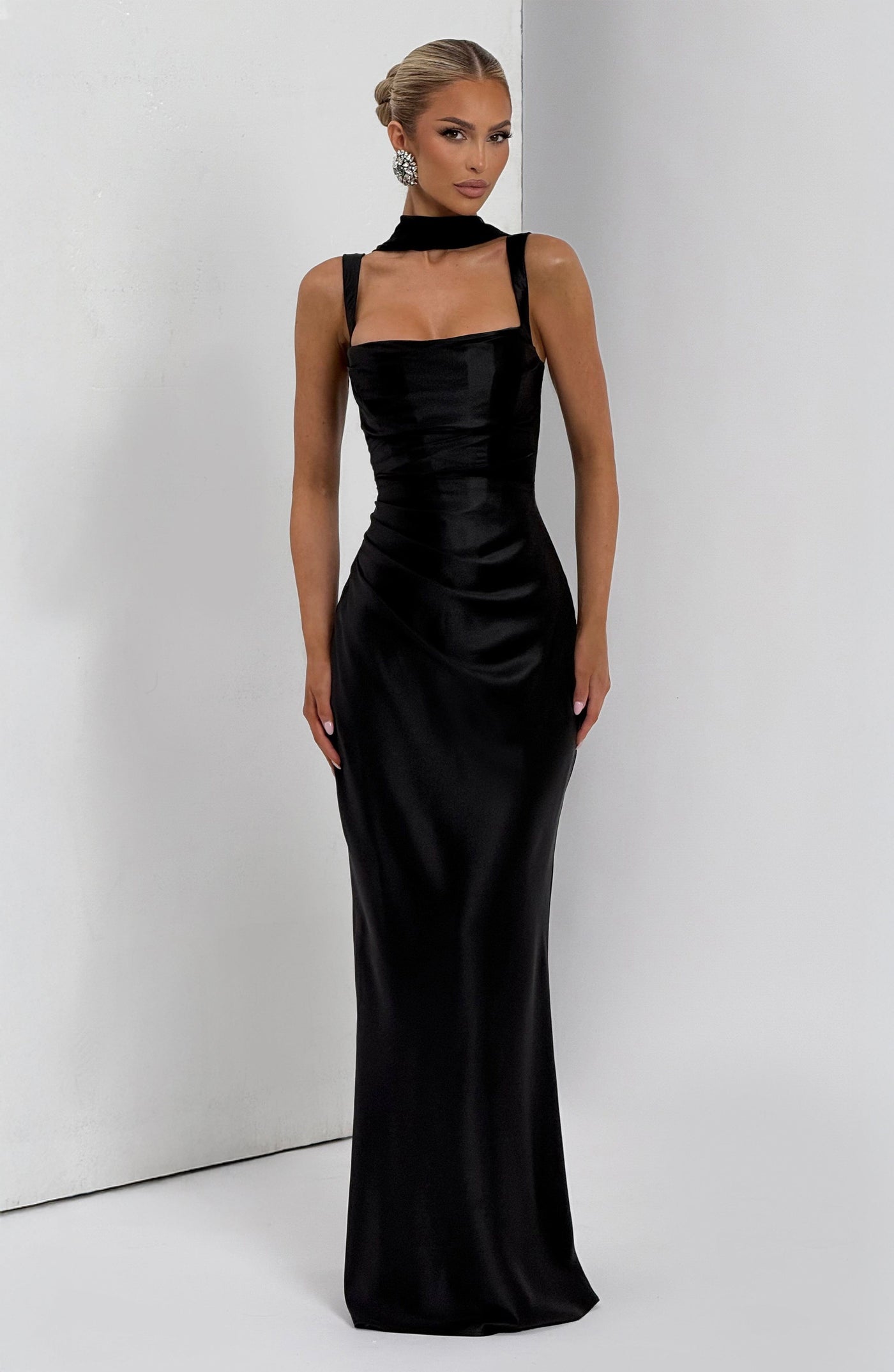 Satin Square Neck Ruched Scarf Mermaid Maxi Gown 7