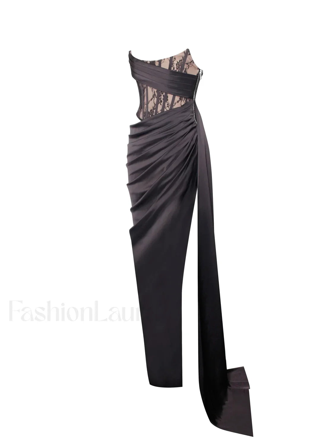 Callie Black Lace Satin Graceful Corset High Slit Gown