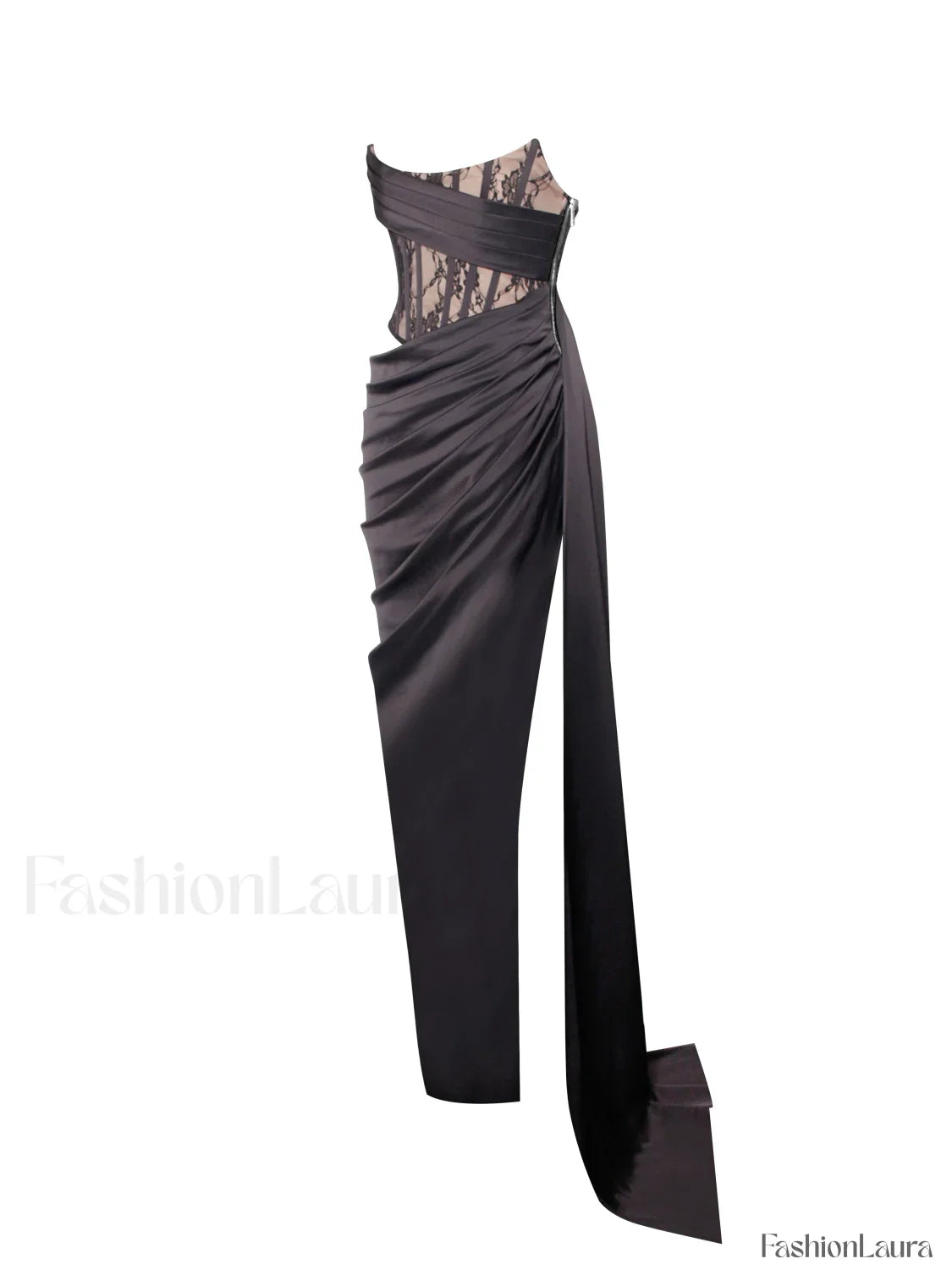 Callie Black Lace Satin Graceful Corset High Slit Gown