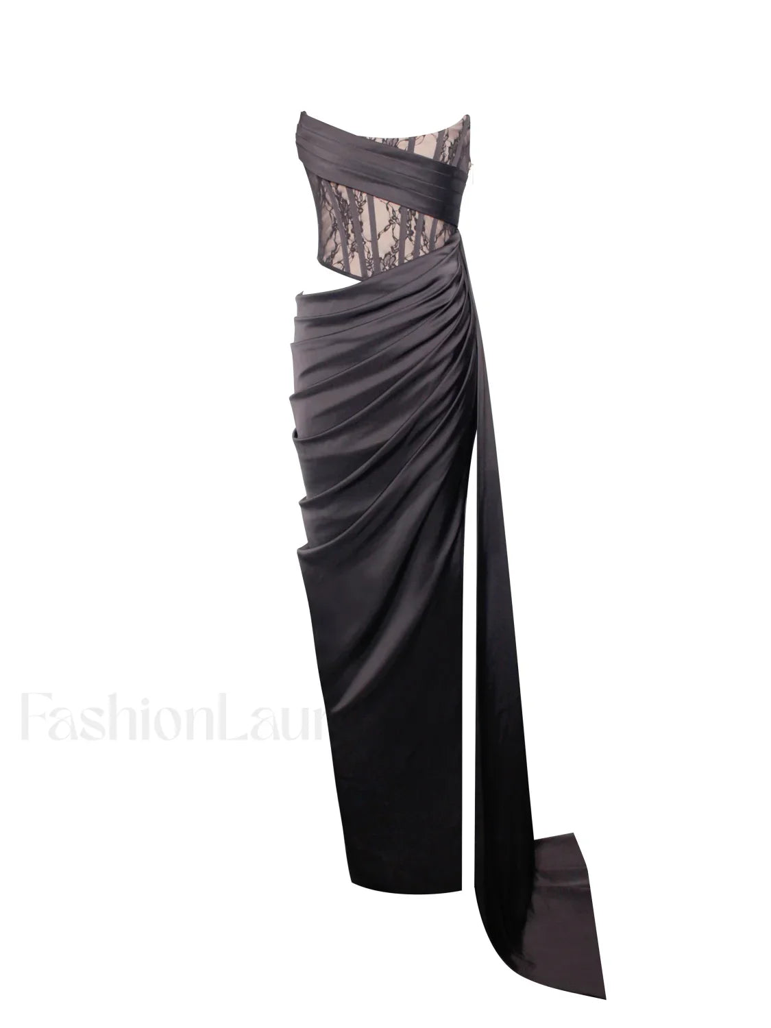 Callie Black Lace Satin Graceful Corset High Slit Gown