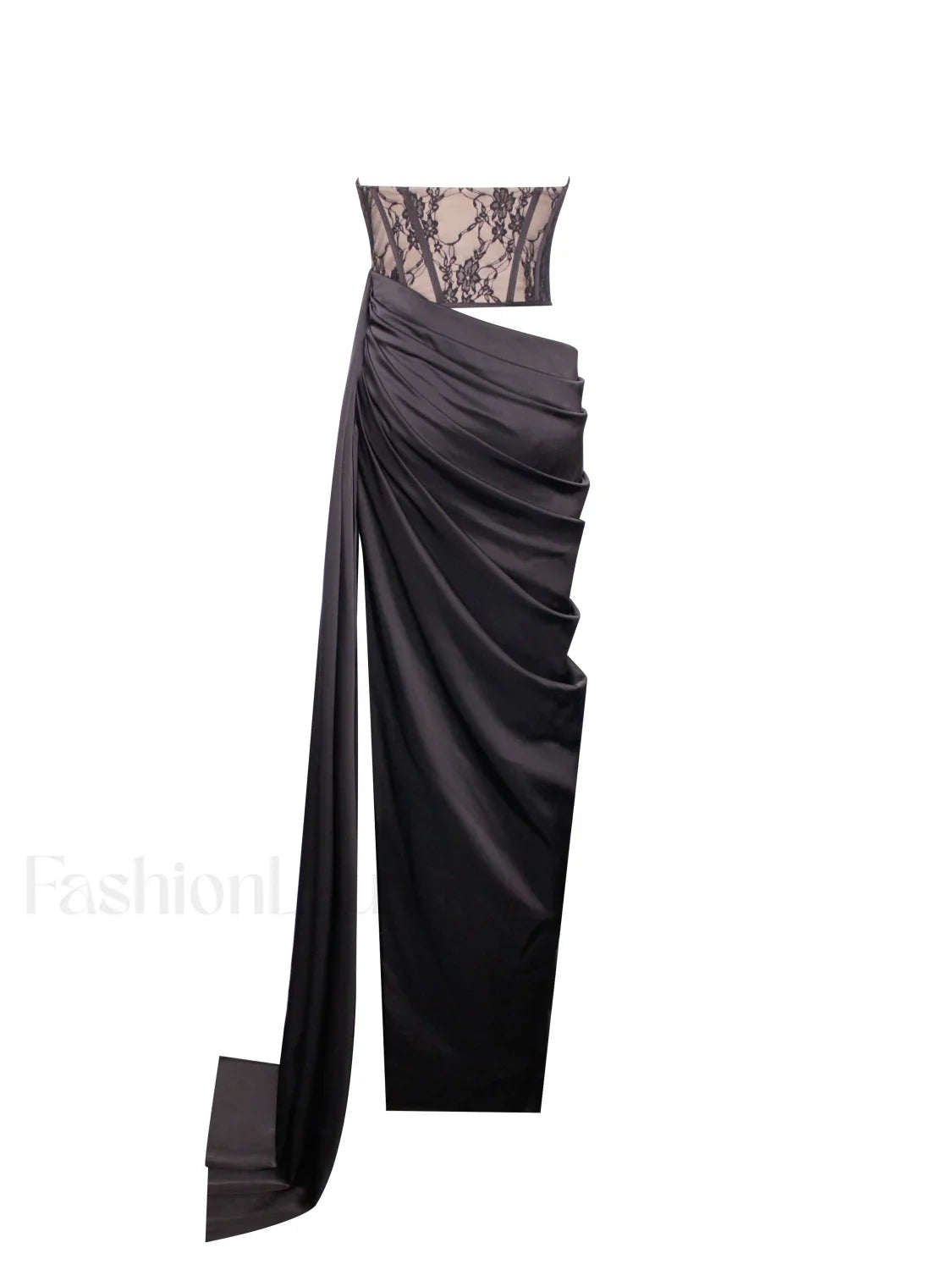 Callie Black Lace Satin Graceful Corset High Slit Gown
