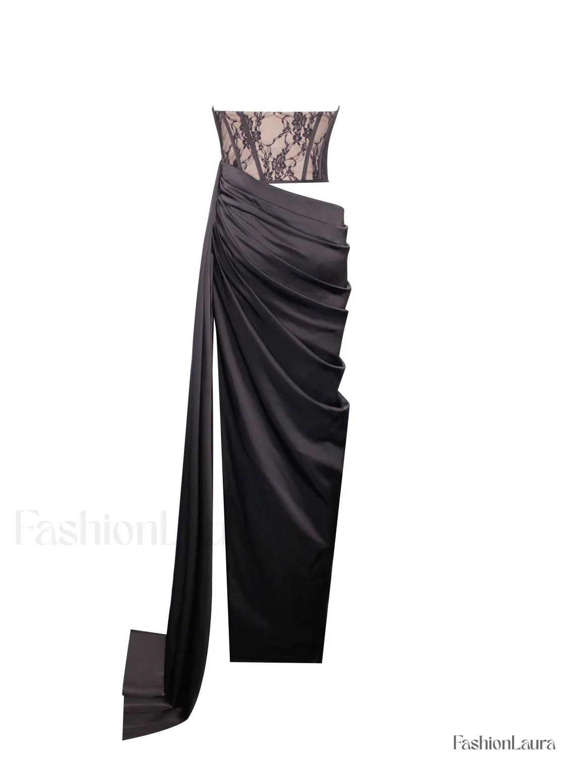 Callie Black Lace Satin Graceful Corset High Slit Gown