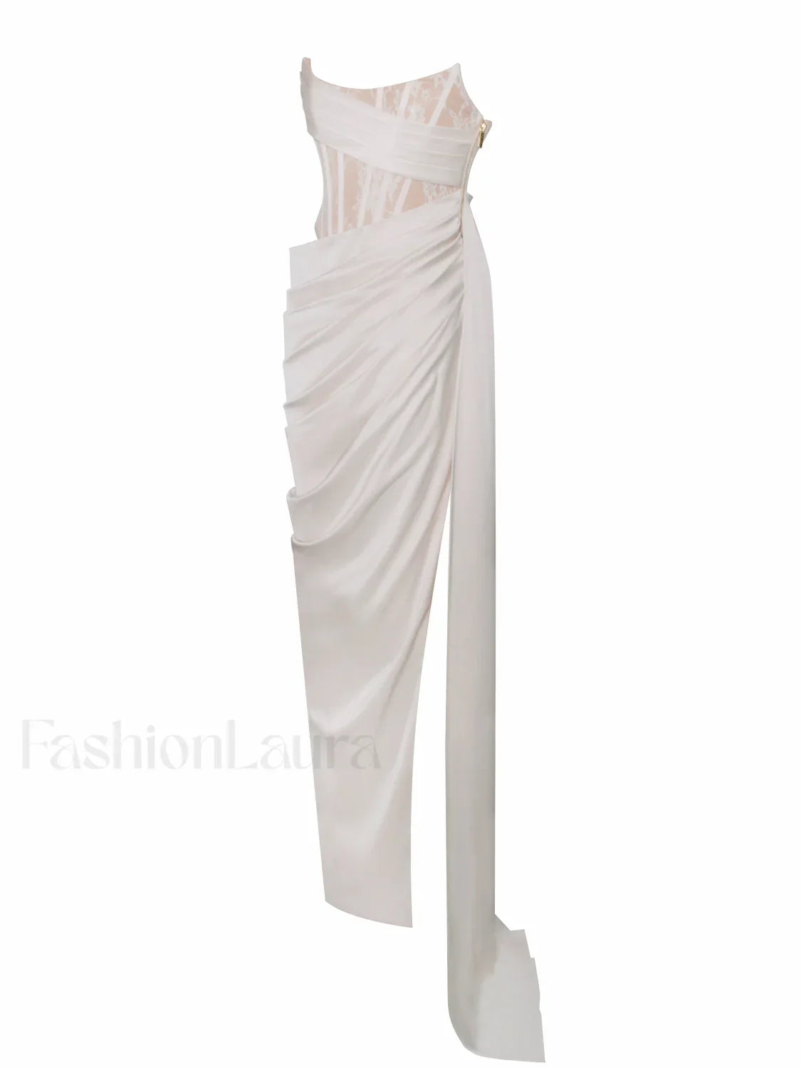 Callie Pearl White Lace Graceful Satin Corset High Slit Gown