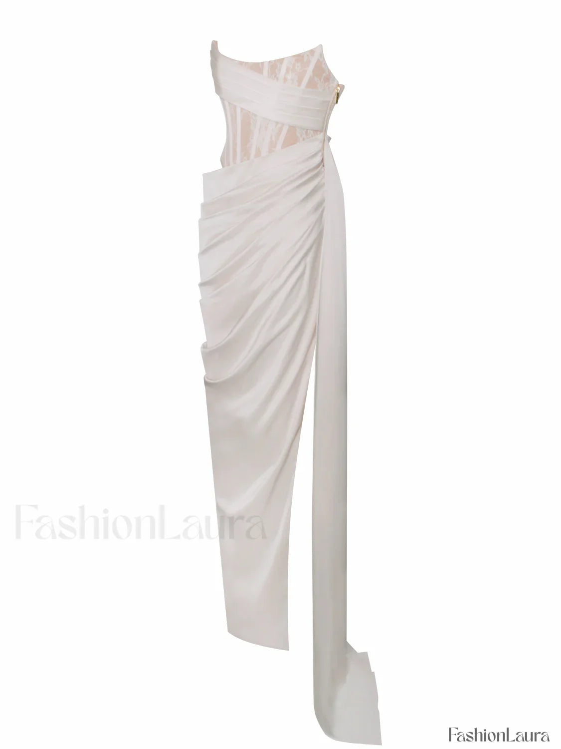 Callie Pearl White Lace Graceful Satin Corset High Slit Gown