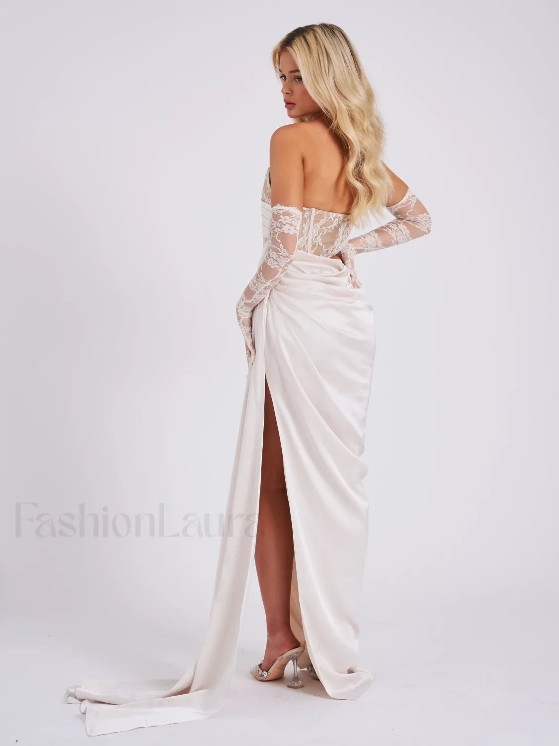 Callie Pearl White Lace Graceful Satin Corset High Slit Gown