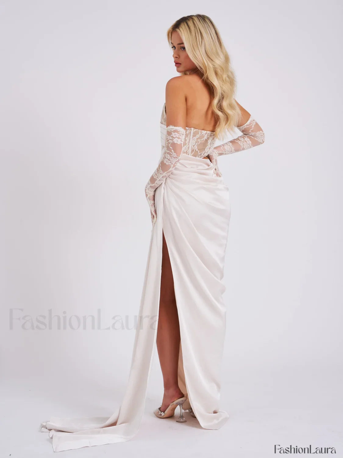 Callie Pearl White Lace Graceful Satin Corset High Slit Gown