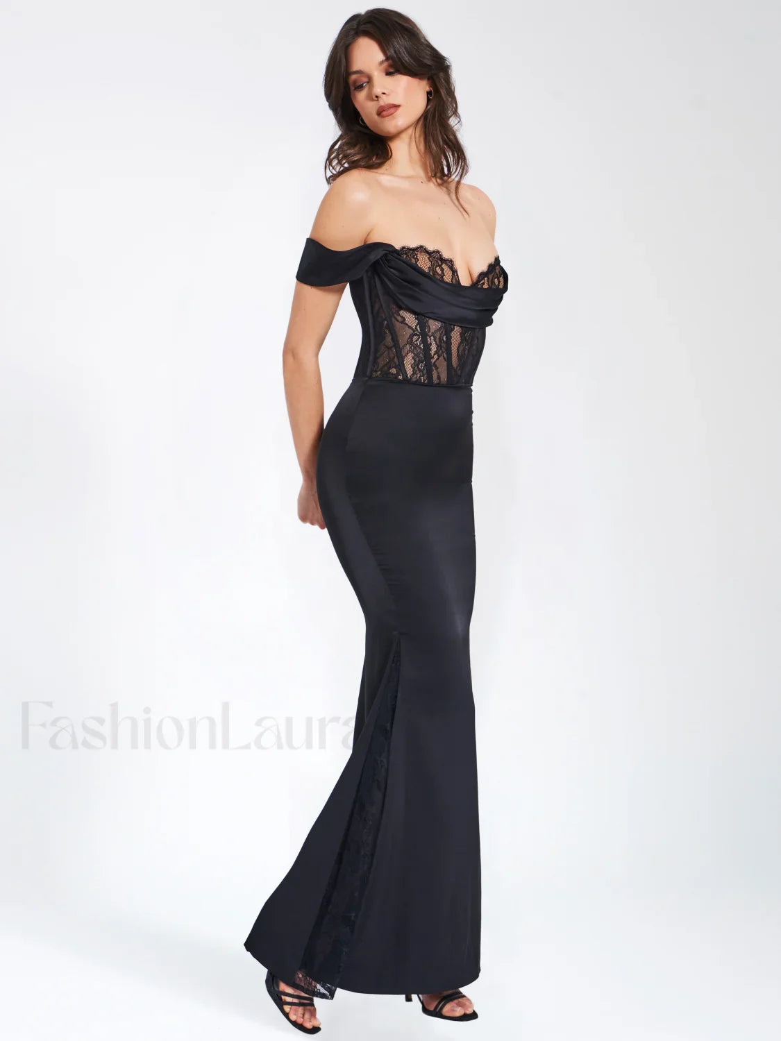 Callista Black Satin Charming Lace Corset Maxi Dress