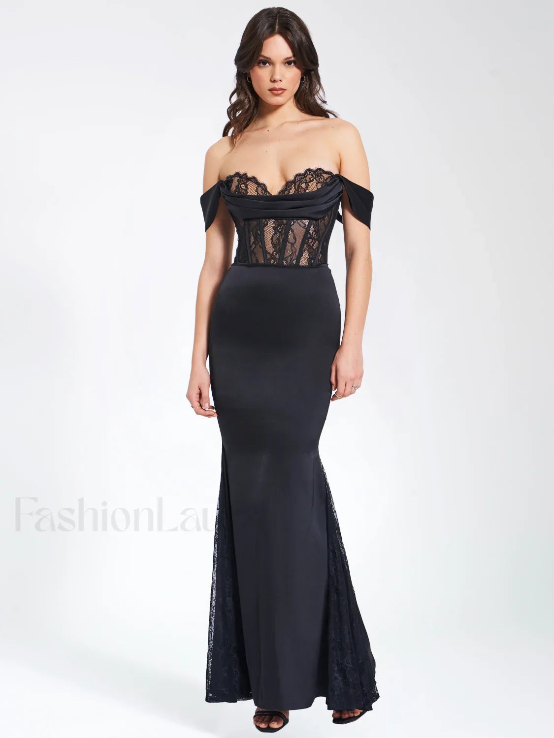 Callista Black Satin Charming Lace Corset Maxi Dress