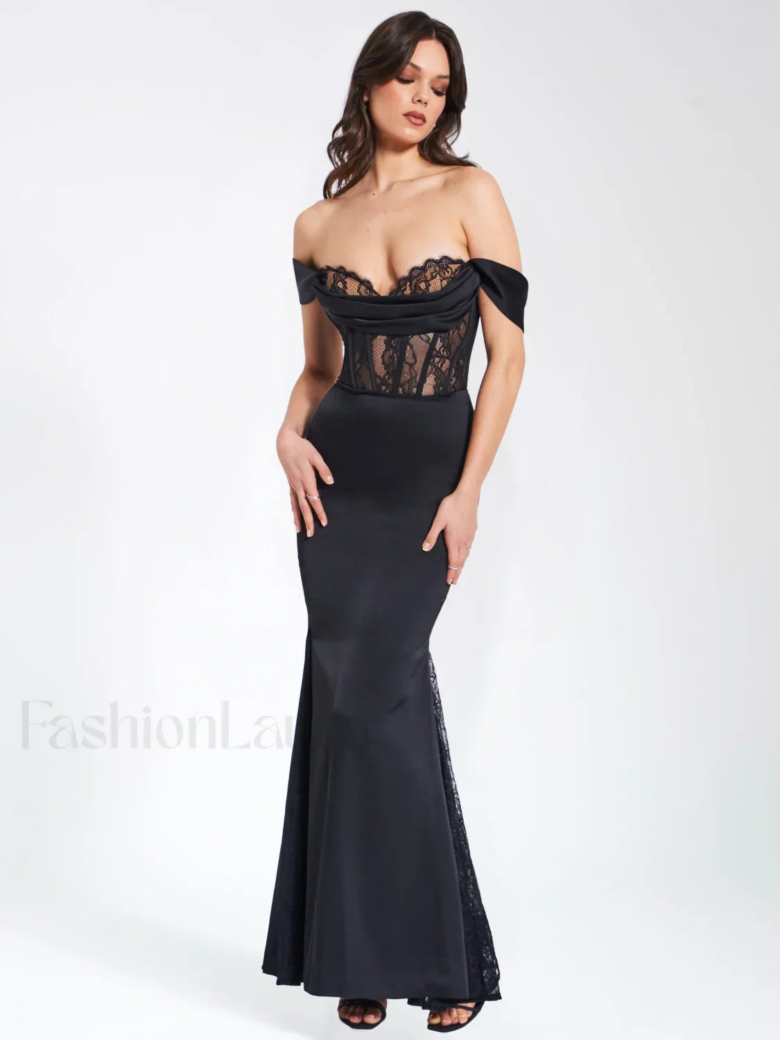 Callista Black Satin Charming Lace Corset Maxi Dress