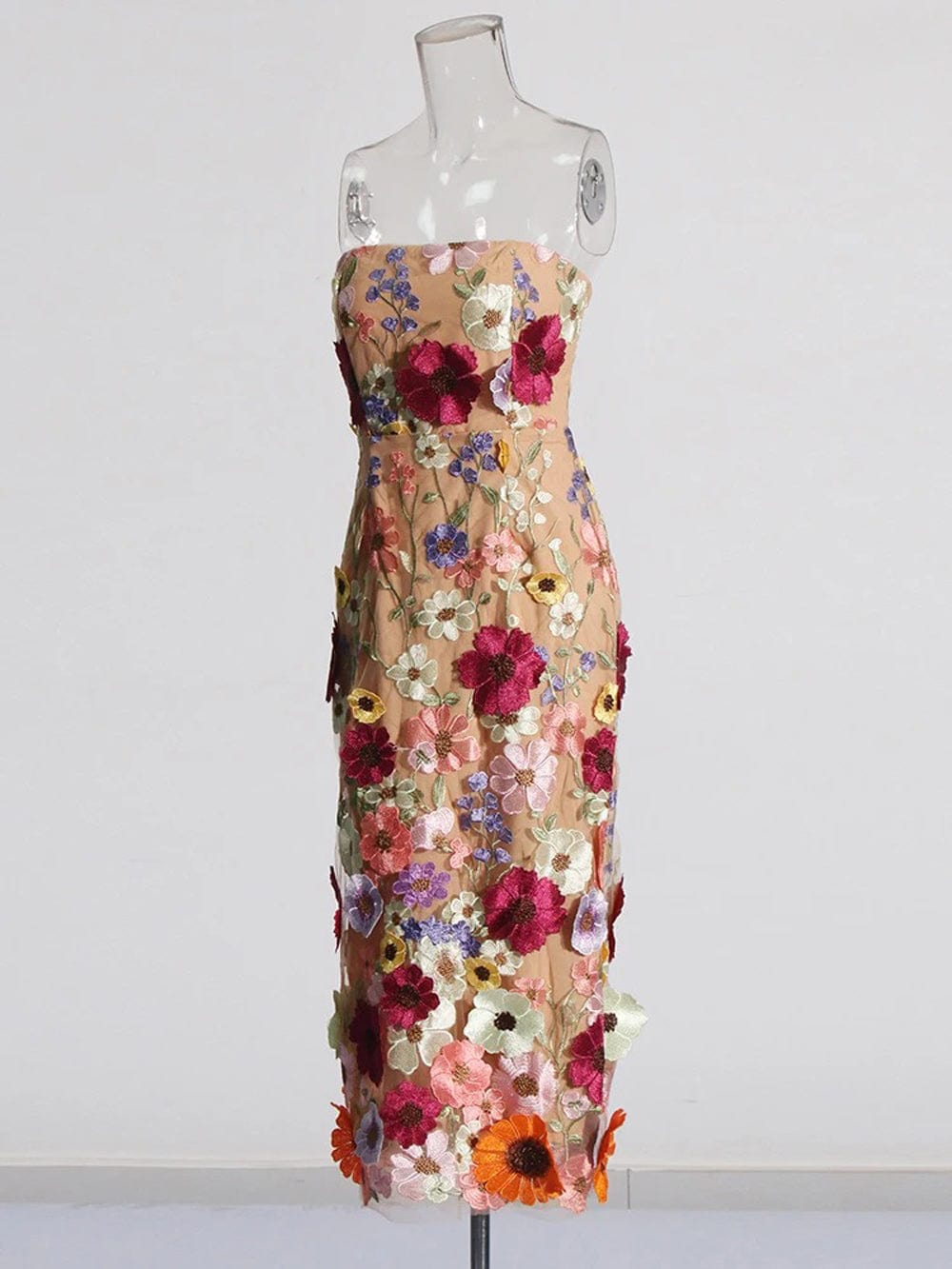 Strapless 3D Floral Applique Sheath Midi Dress