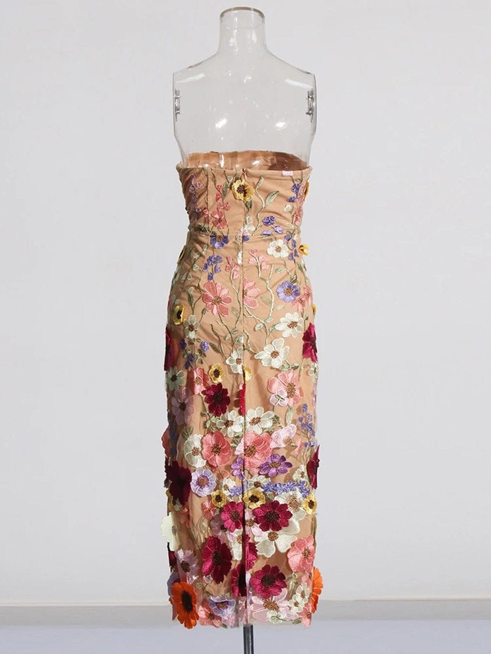 Strapless 3D Floral Applique Sheath Midi Dress
