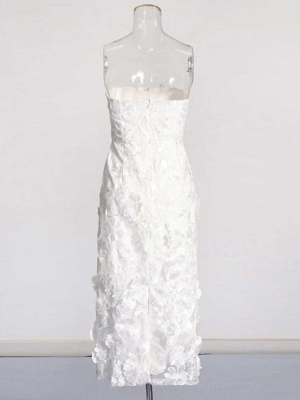 Strapless 3D Floral Applique Sheath Midi Dress