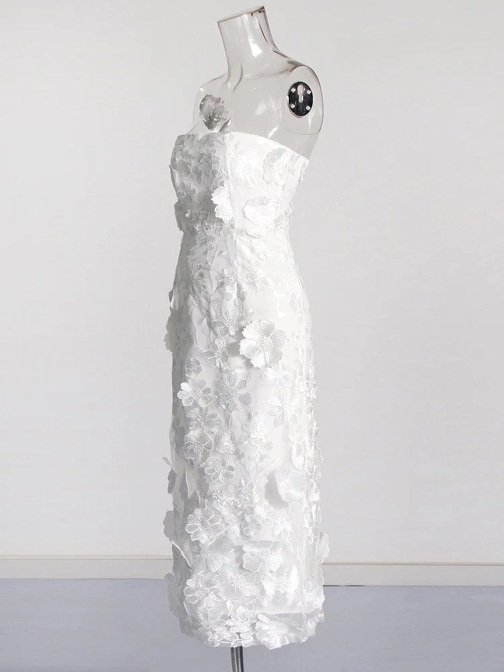 Strapless 3D Floral Applique Embroidered Mesh Overlay Midi Dress