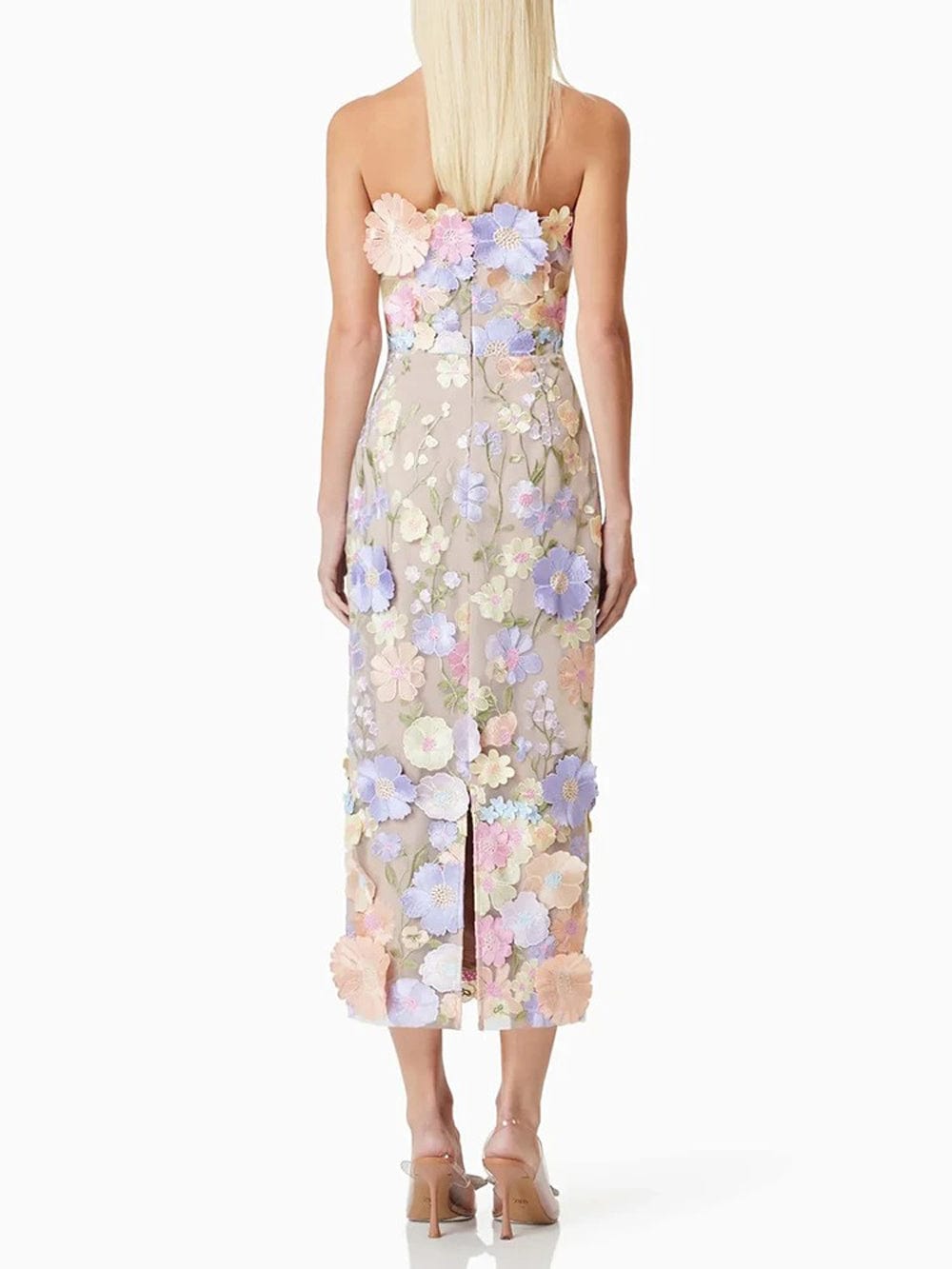 Strapless 3D Floral Applique Sheath Midi Dress
