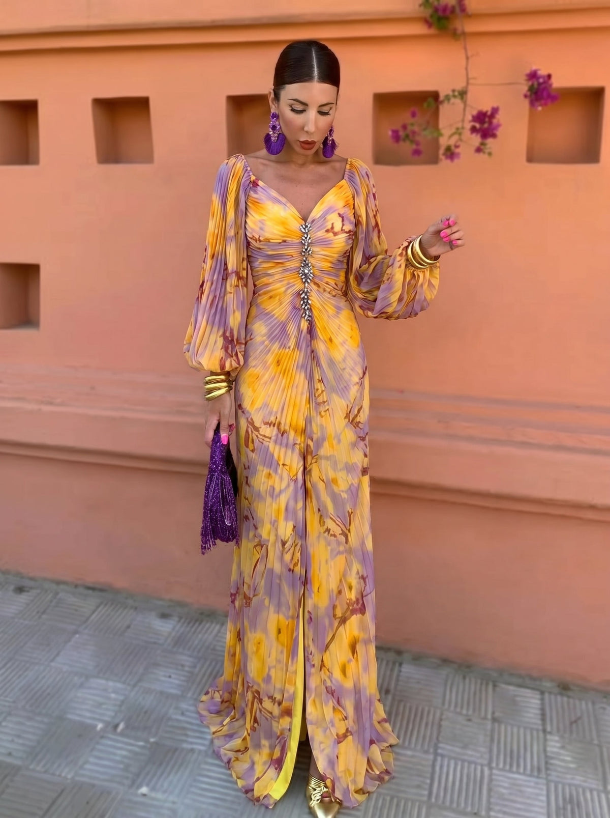 Floral V-Neck Long Sleeve Ruched Embellished Maxi Dress