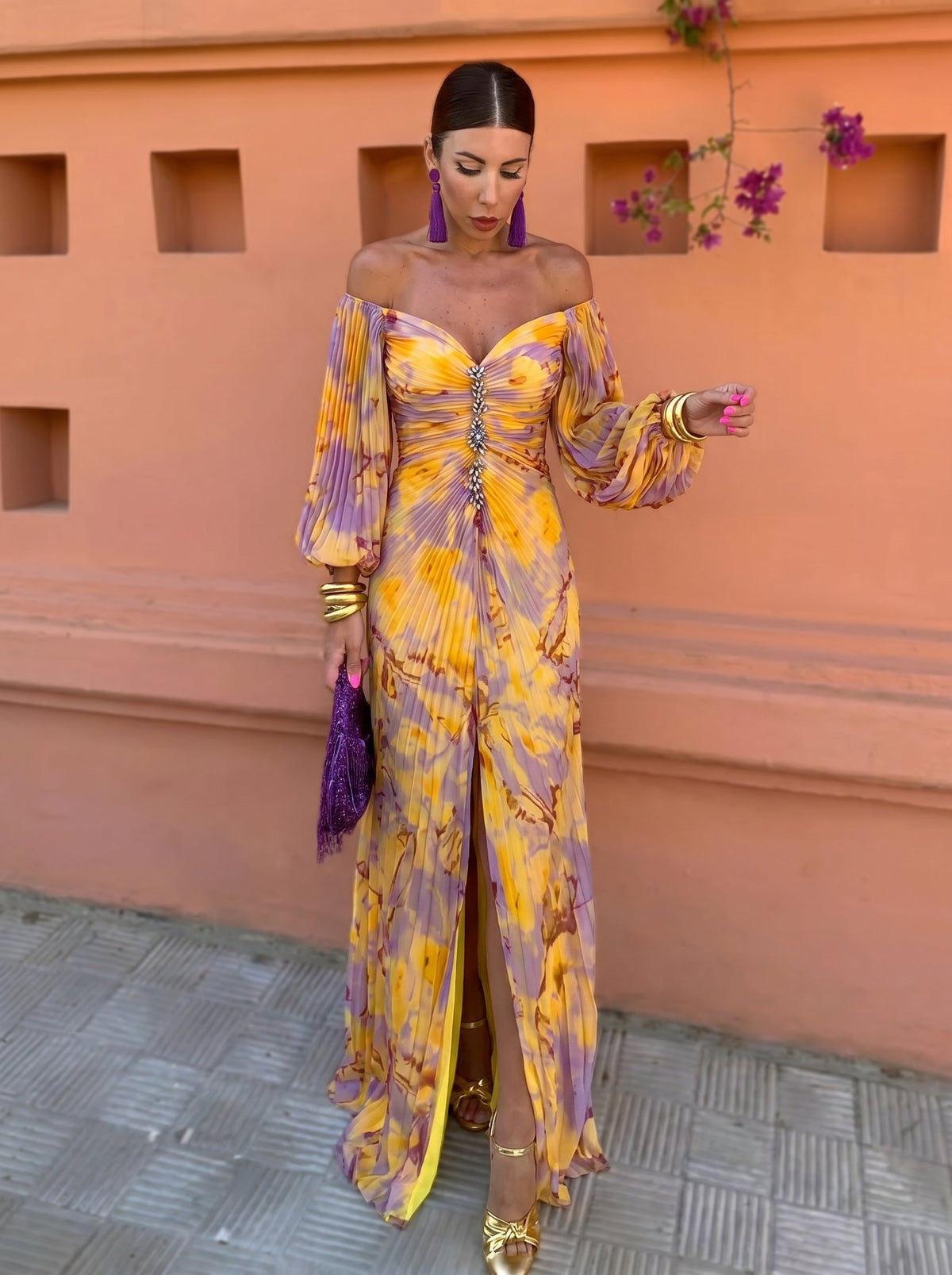 Floral V-Neck Long Sleeve Ruched Embellished Maxi Dress