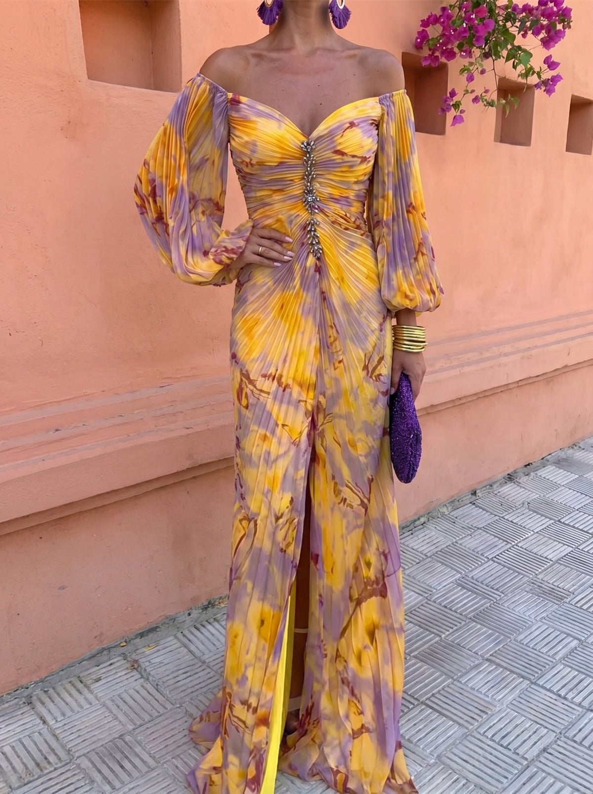Floral V-Neck Long Sleeve Ruched Embellished Maxi Dress