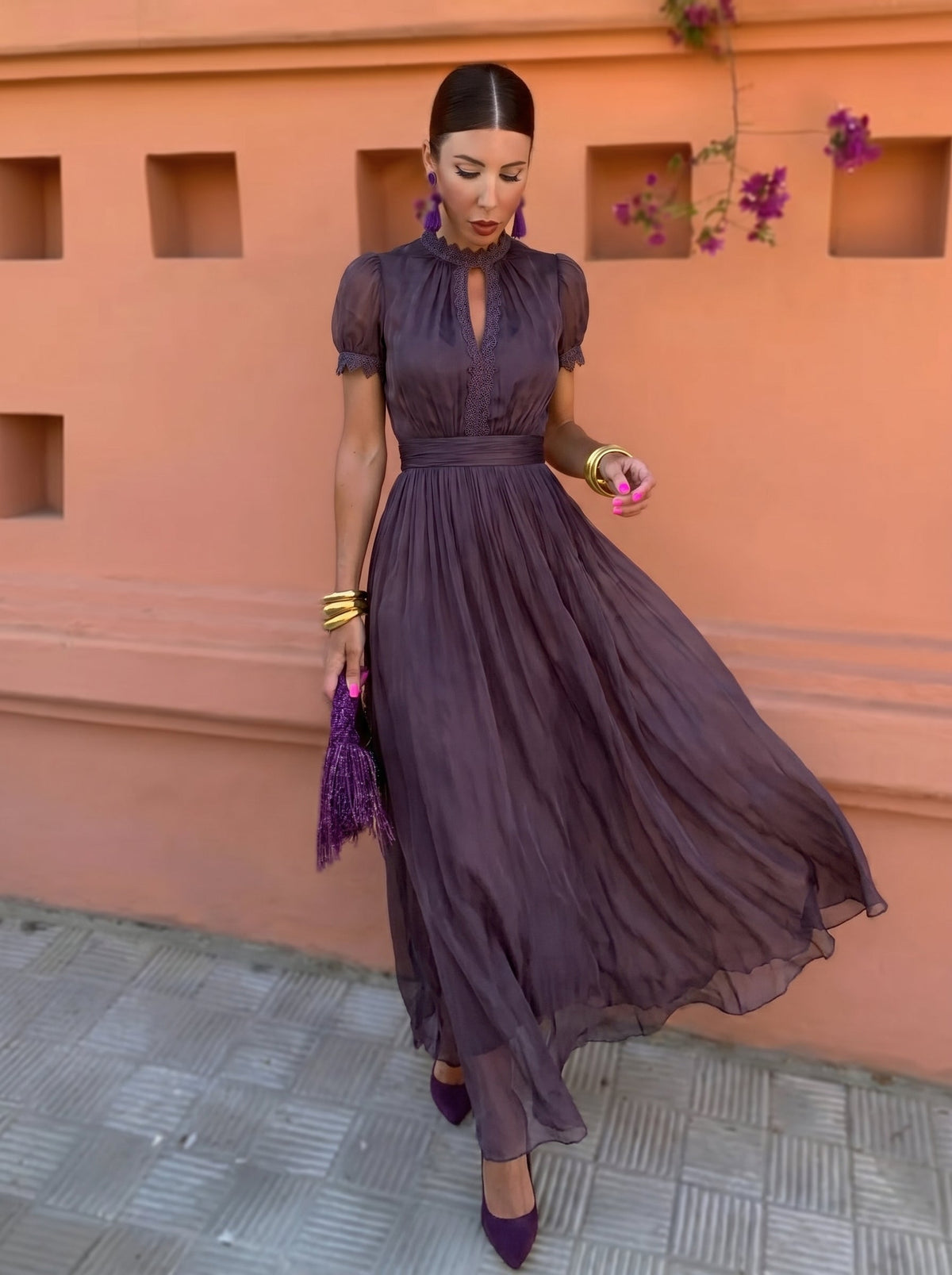 Mock Neck Keyhole Lace Trim Pleated Chiffon Maxi Dress