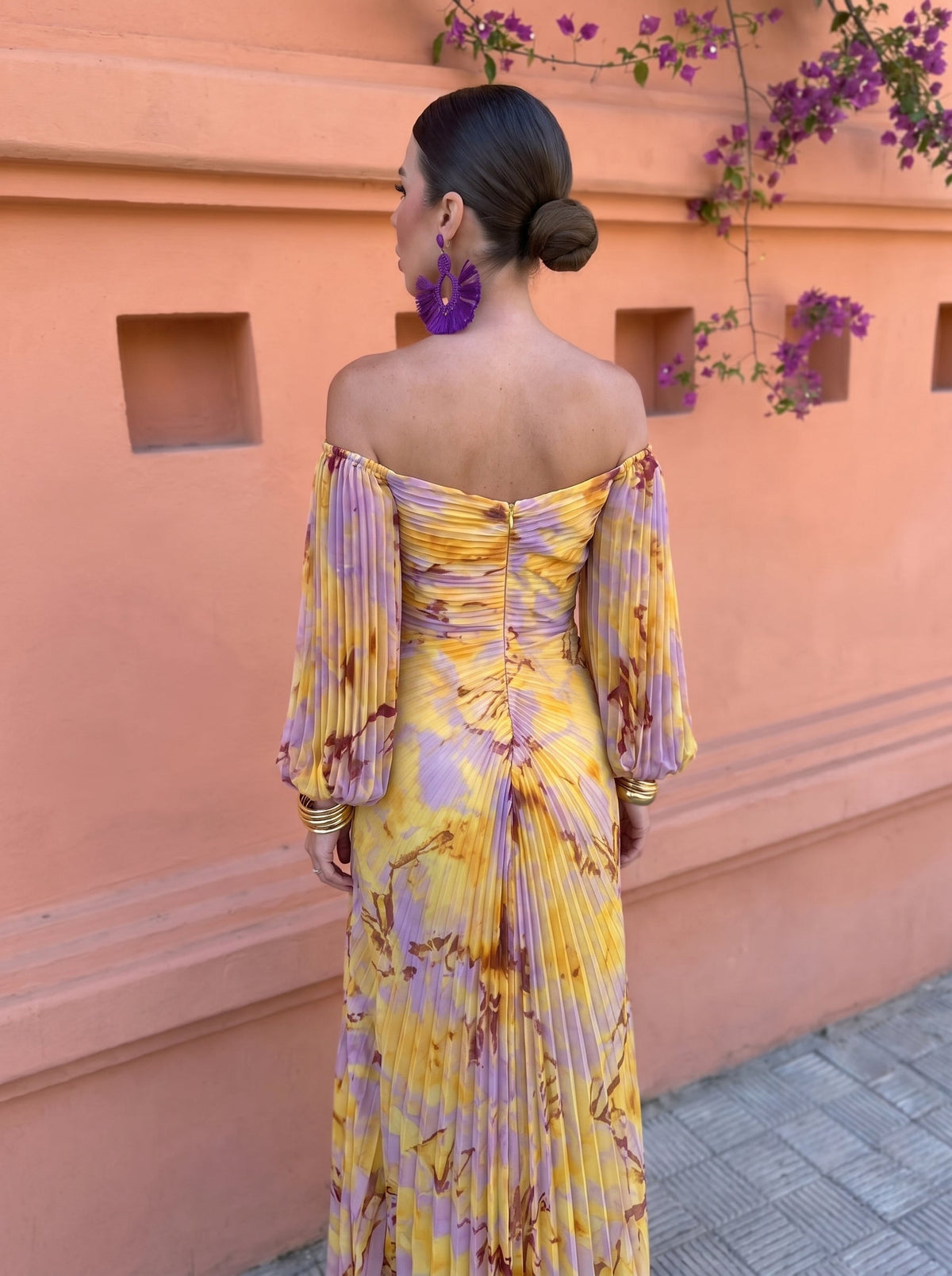 Floral V-Neck Long Sleeve Ruched Embellished Maxi Dress