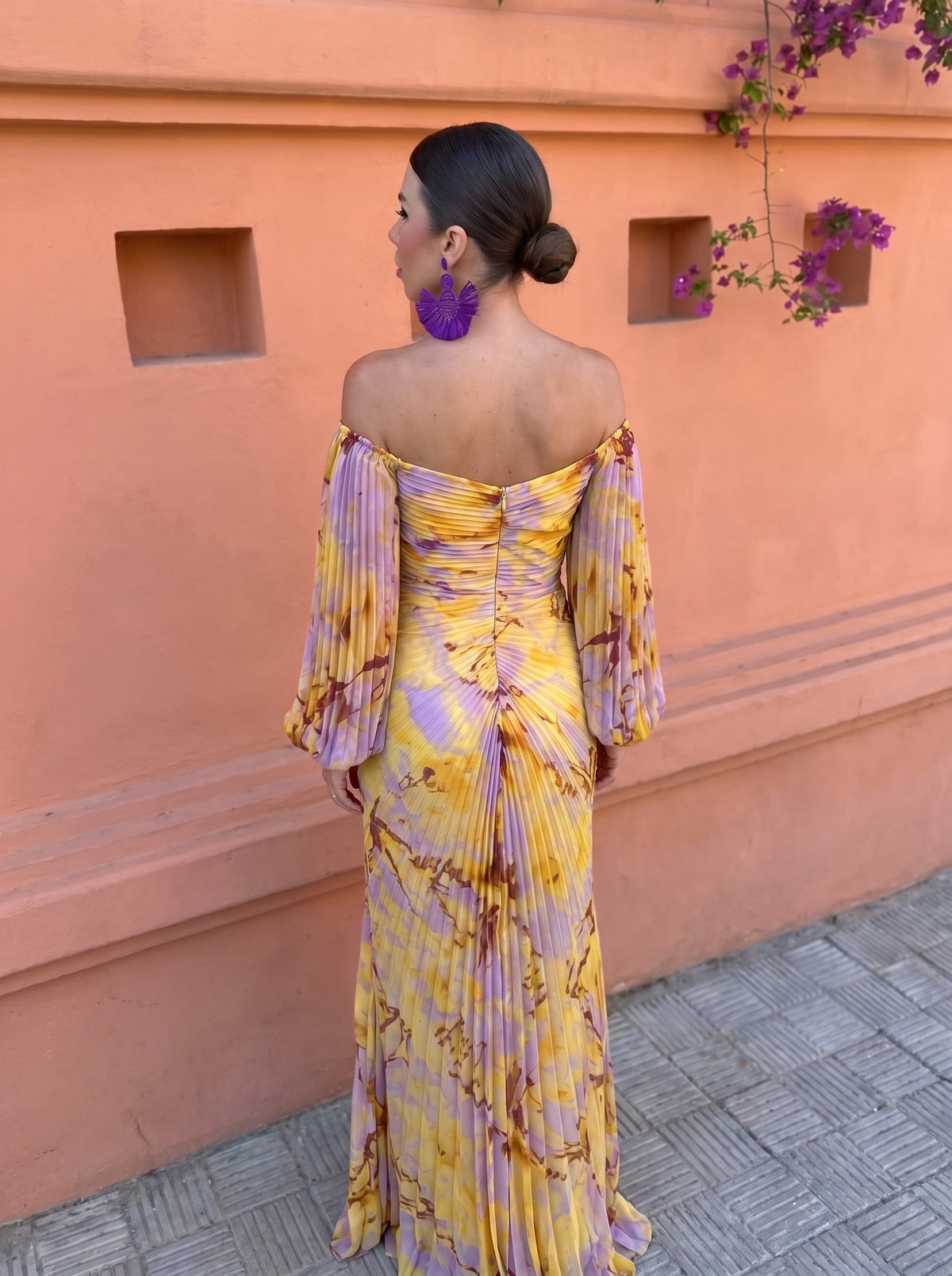 Floral V-Neck Long Sleeve Ruched Embellished Maxi Dress
