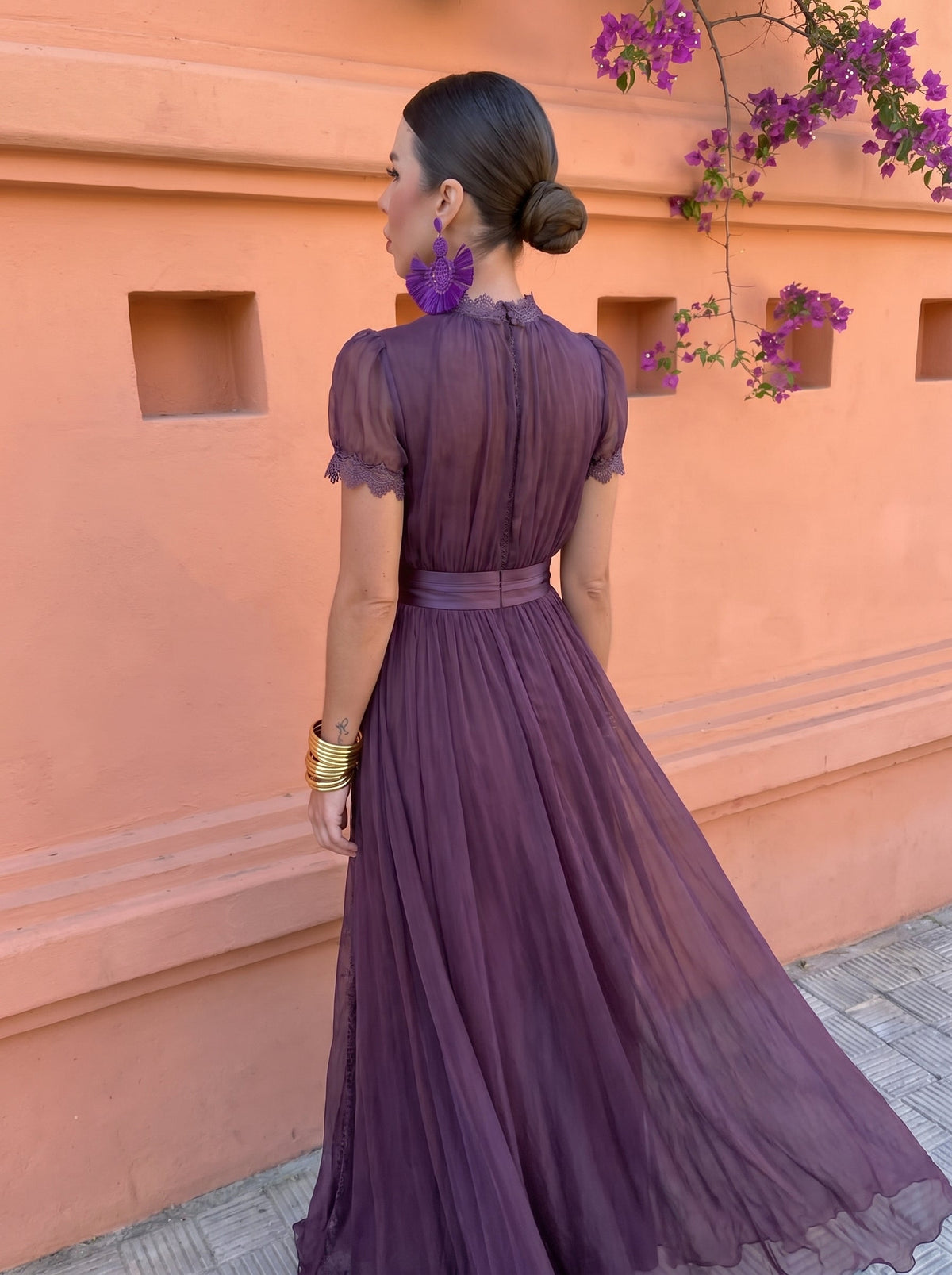 Mock Neck Keyhole Lace Trim Pleated Chiffon Maxi Dress