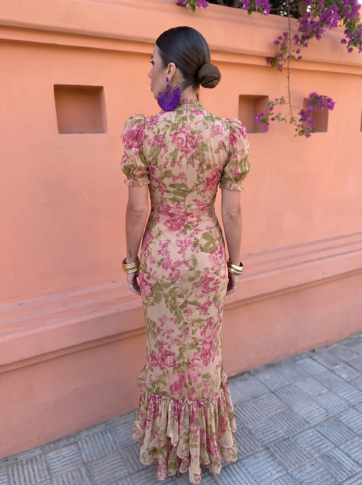 Floral High Neck Puff Sleeve Ruffle Hem Midi Dress