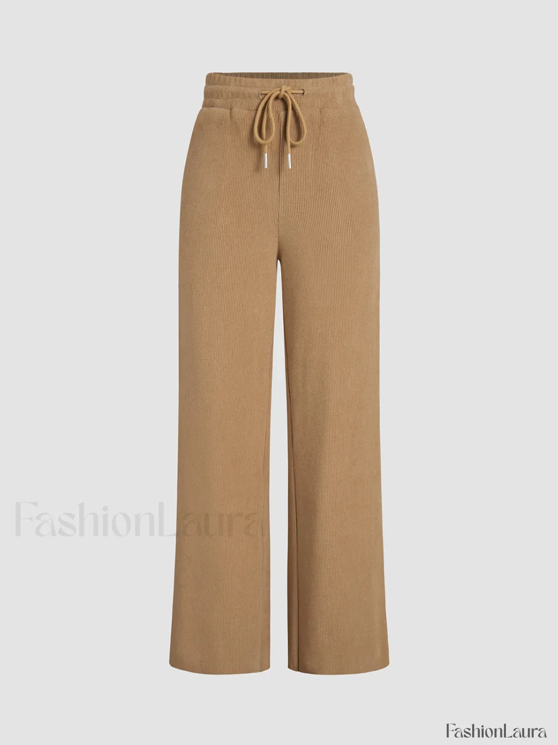 Camel Drawstring Ribbed Trendy Wide Leg Pants