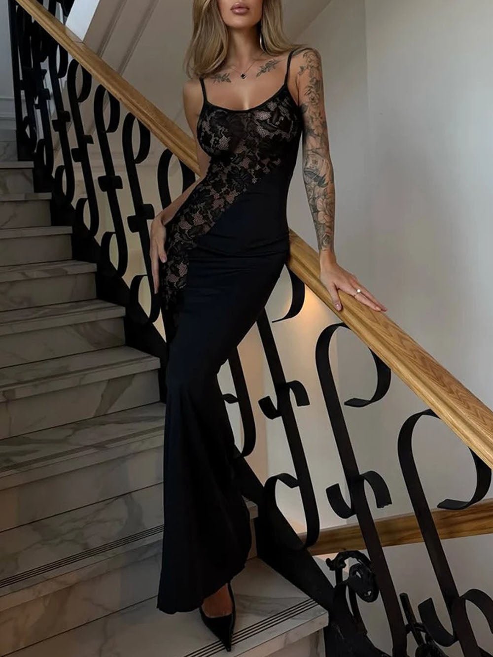 Sheer Lace Panel Spaghetti Strap Mermaid Maxi Gown 4