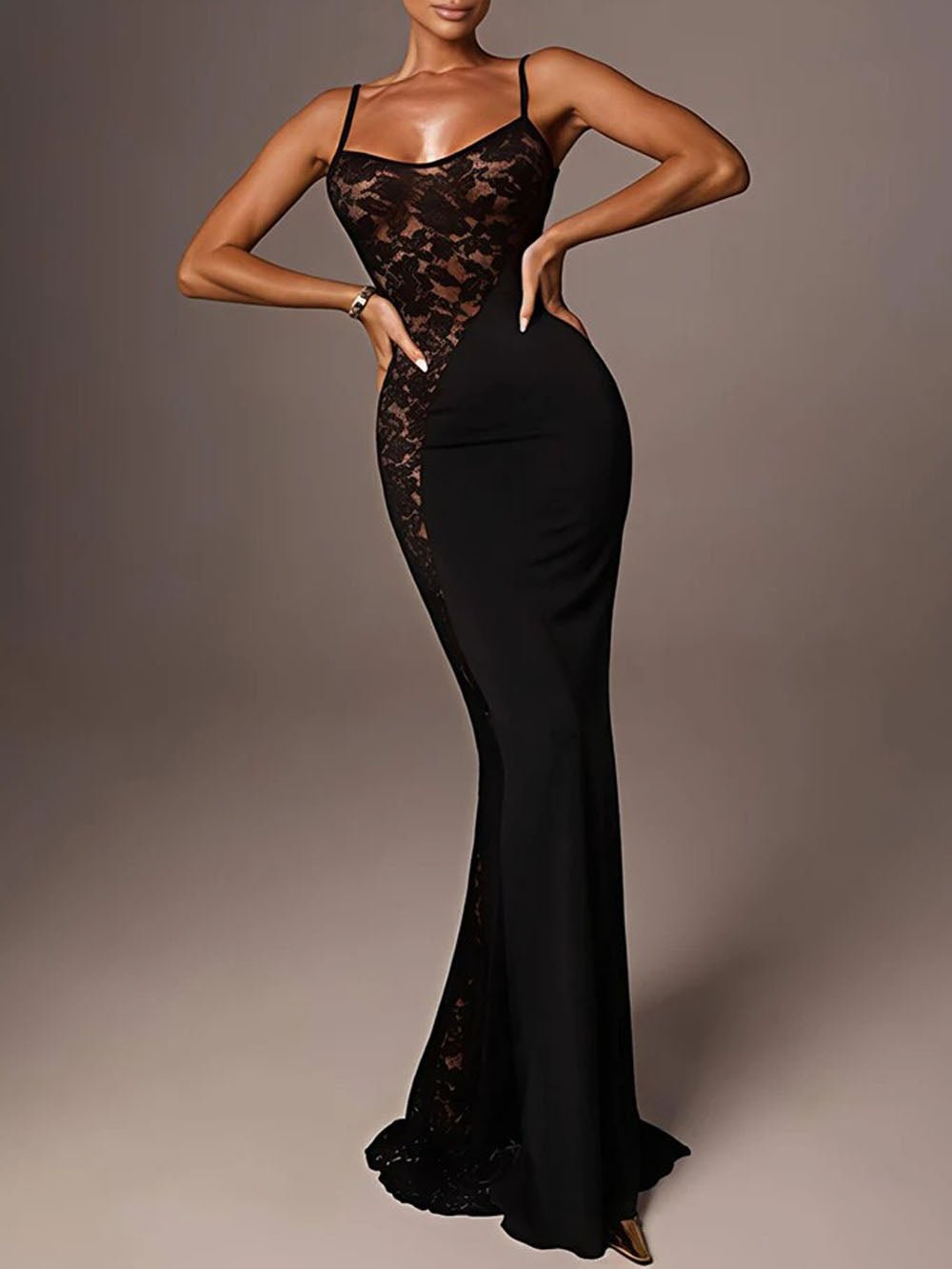 Sheer Lace Panel Spaghetti Strap Mermaid Maxi Gown