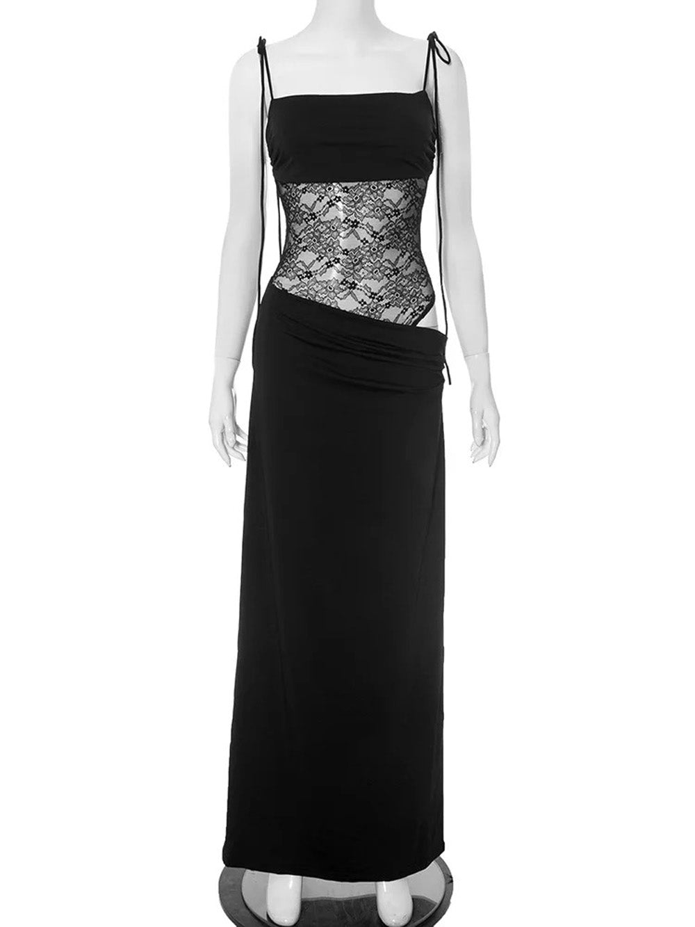 Spaghetti Strap Sheer Lace Bodice Side Cut Out Maxi Dress 2