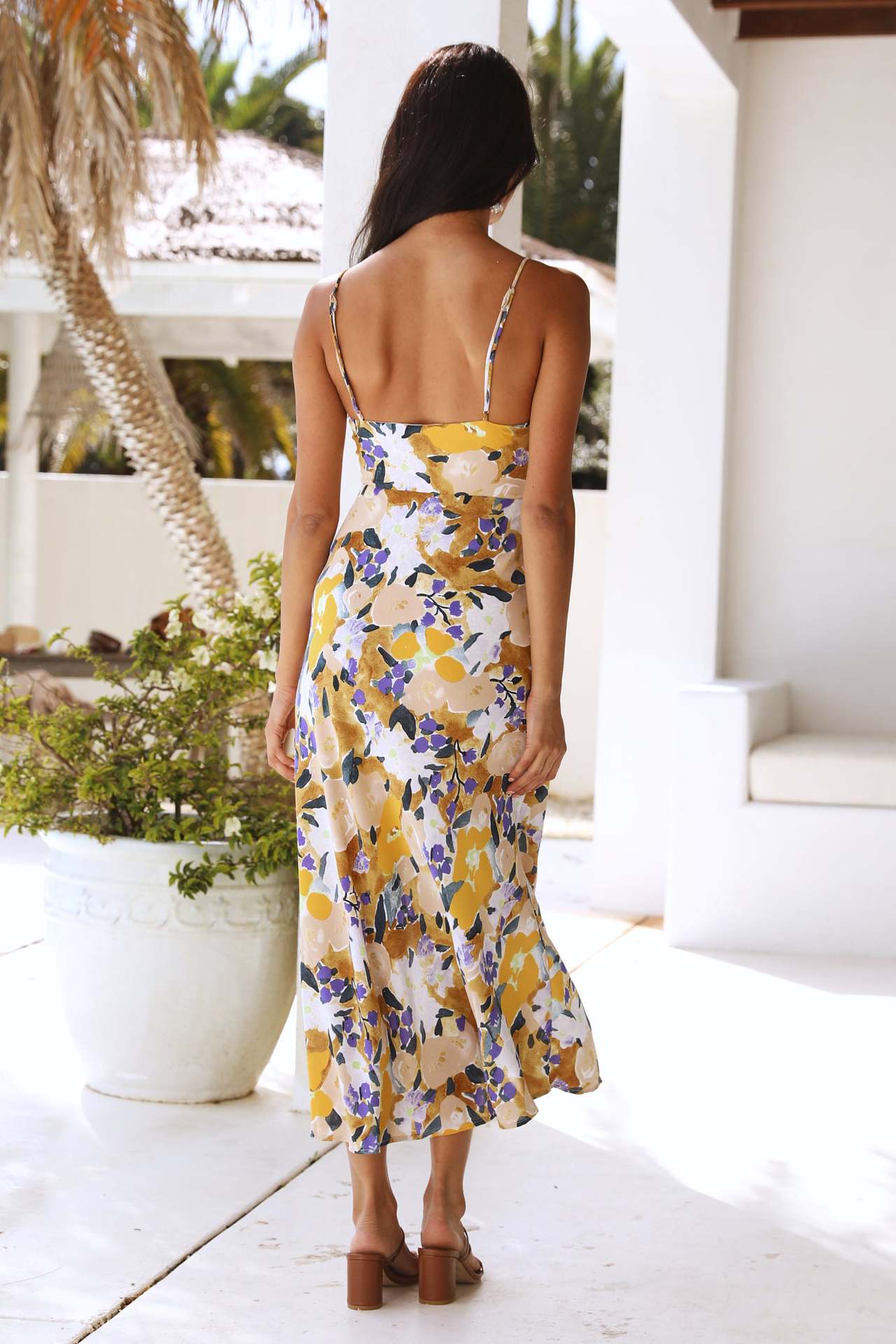 Floral Print Spaghetti Strap Sweetheart Cut Out High Split Maxi Dress