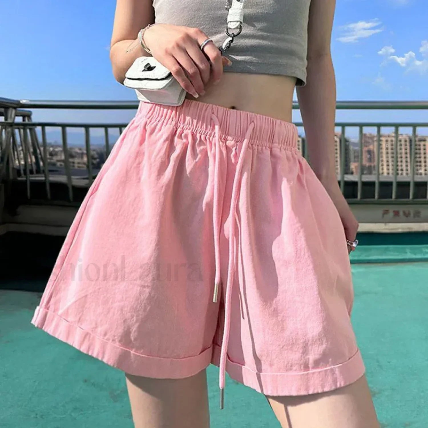 Candy Colors Wide Leg Elastic Waist Comfortable Short Pink / S