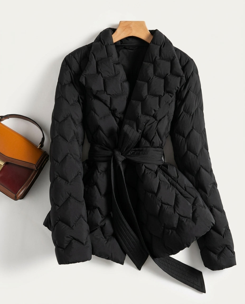 Quilted Belted Shawl Collar Wrap Jacket