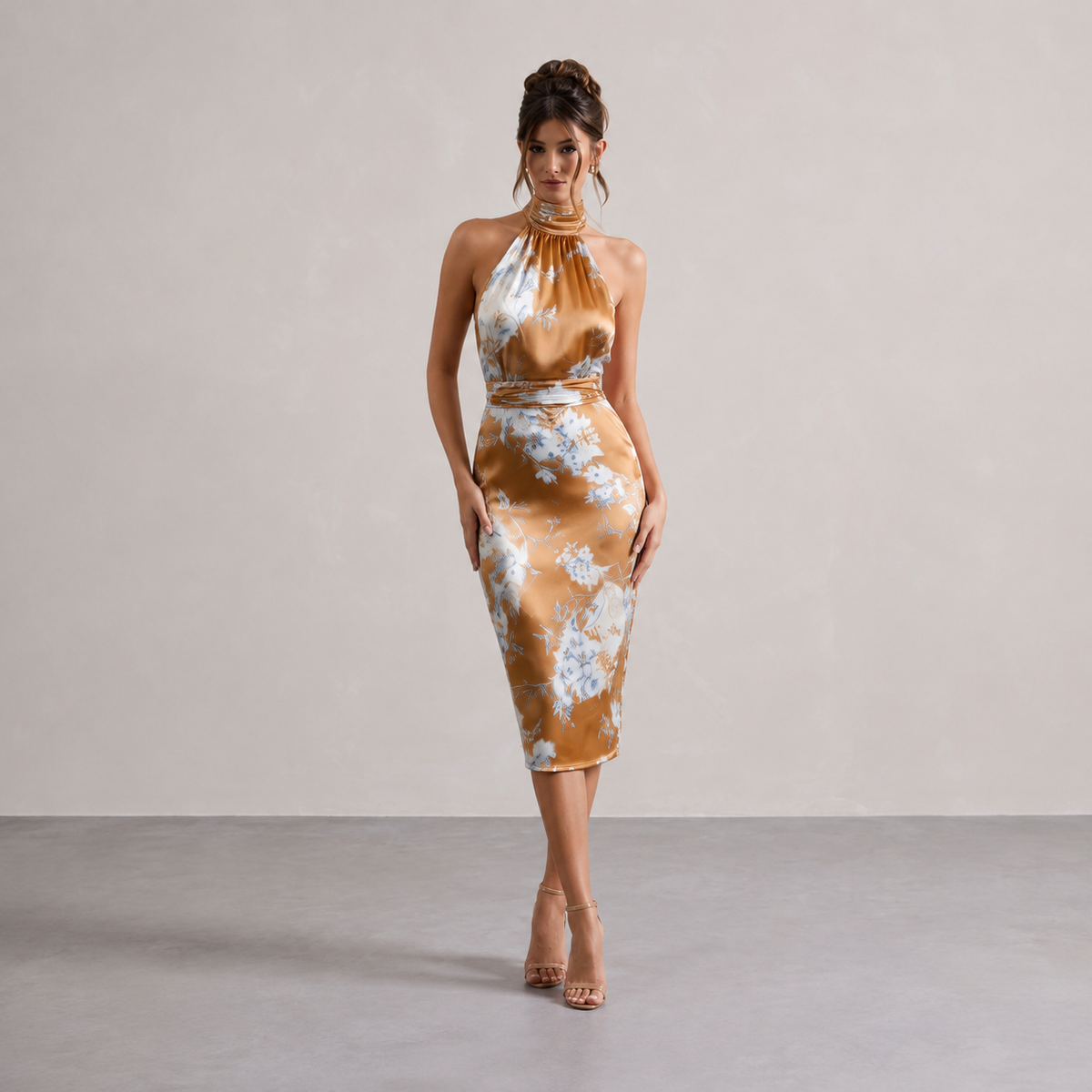 Floral Satin Halter Neck Ruched Bodycon Midi Dress 4