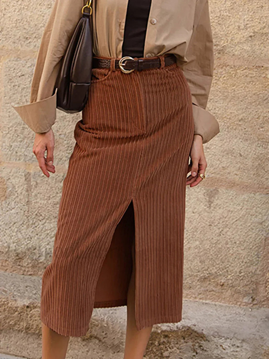 Caramel Corduroy Graceful Slit Midi Skirt Brown / XS Skirts