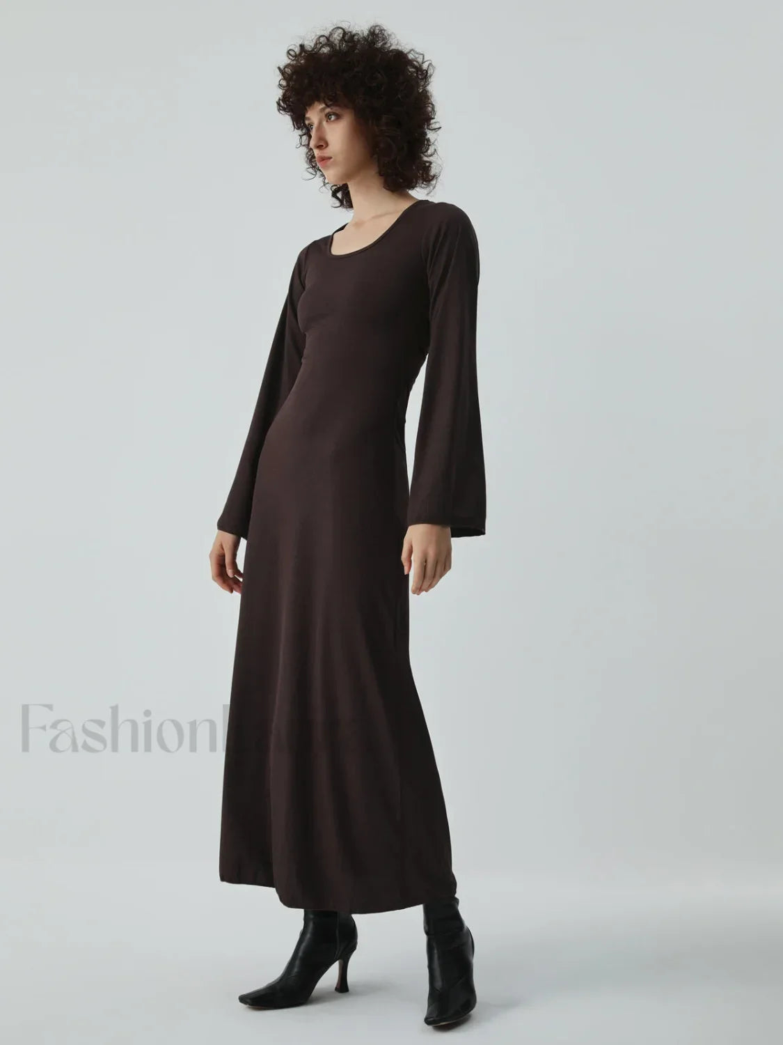 Caramel Flare Long Trendy Sleeve Knit Long Dress Brown / S Knit Dresses