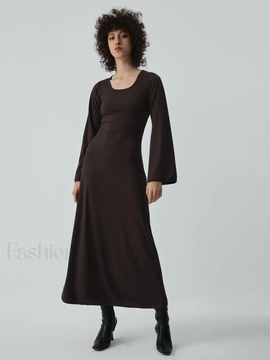 Caramel Flare Long Trendy Sleeve Knit Long Dress