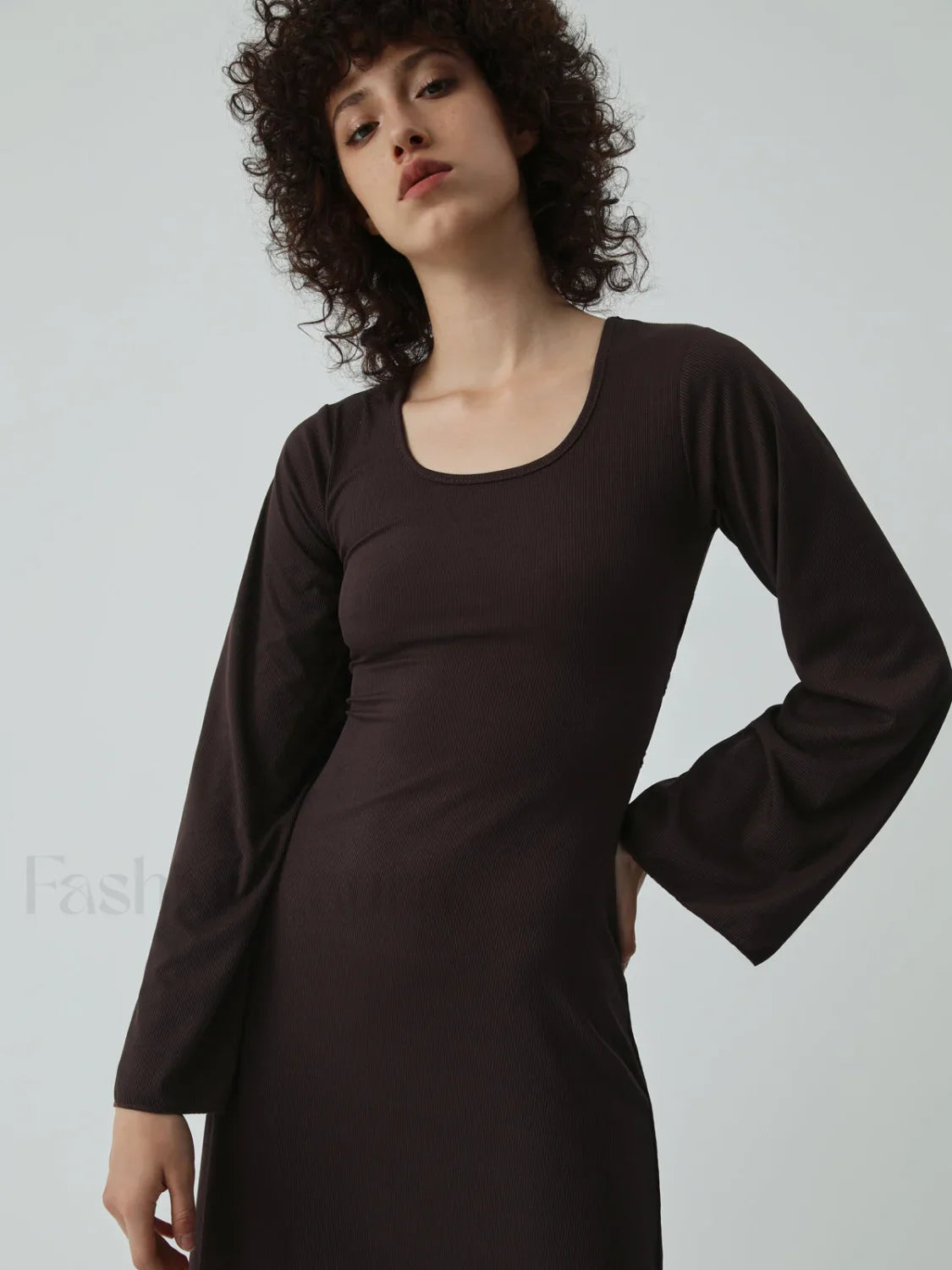 Caramel Flare Long Trendy Sleeve Knit Long Dress