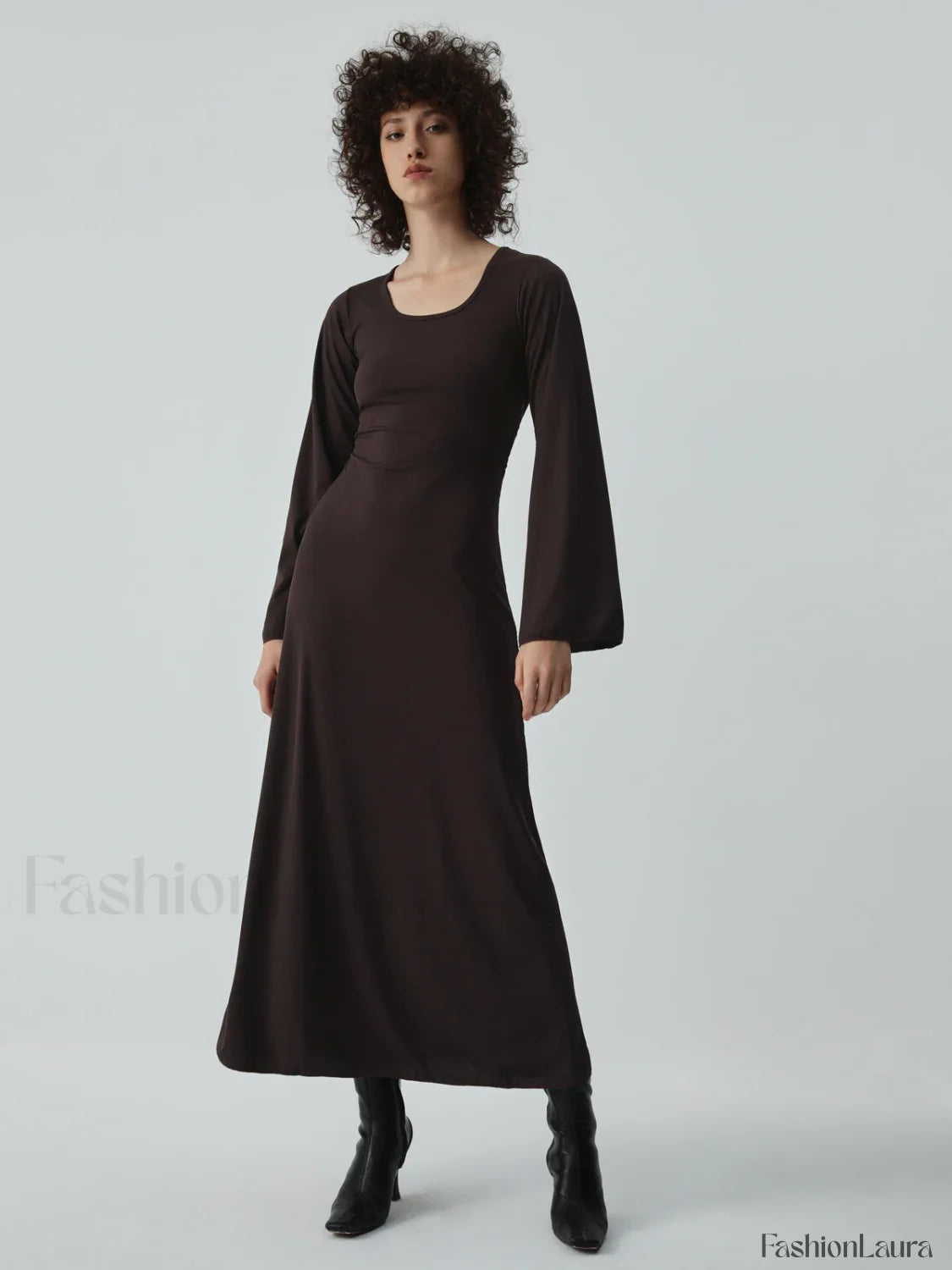 Caramel Flare Long Trendy Sleeve Knit Long Dress