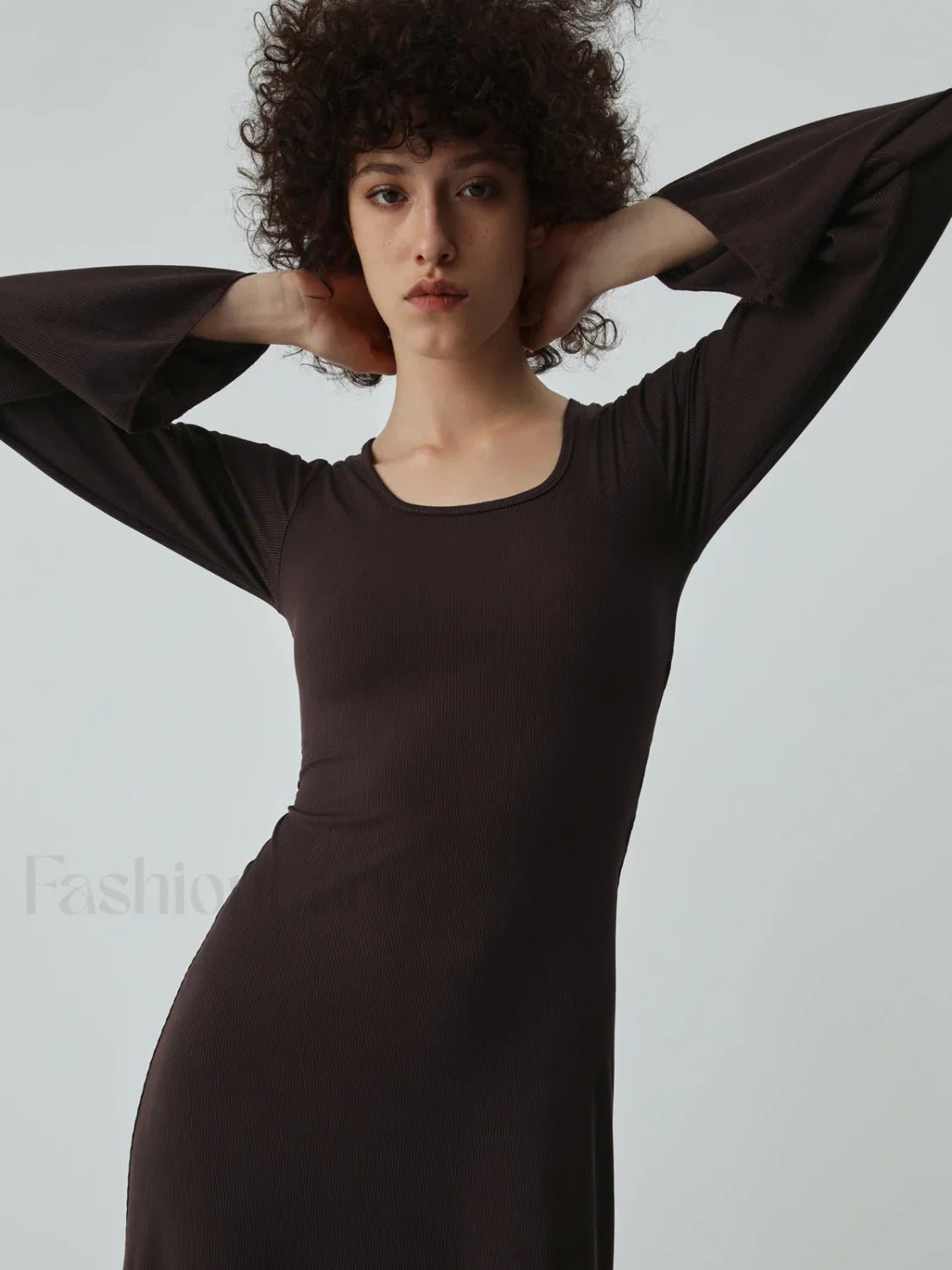 Caramel Flare Long Trendy Sleeve Knit Long Dress