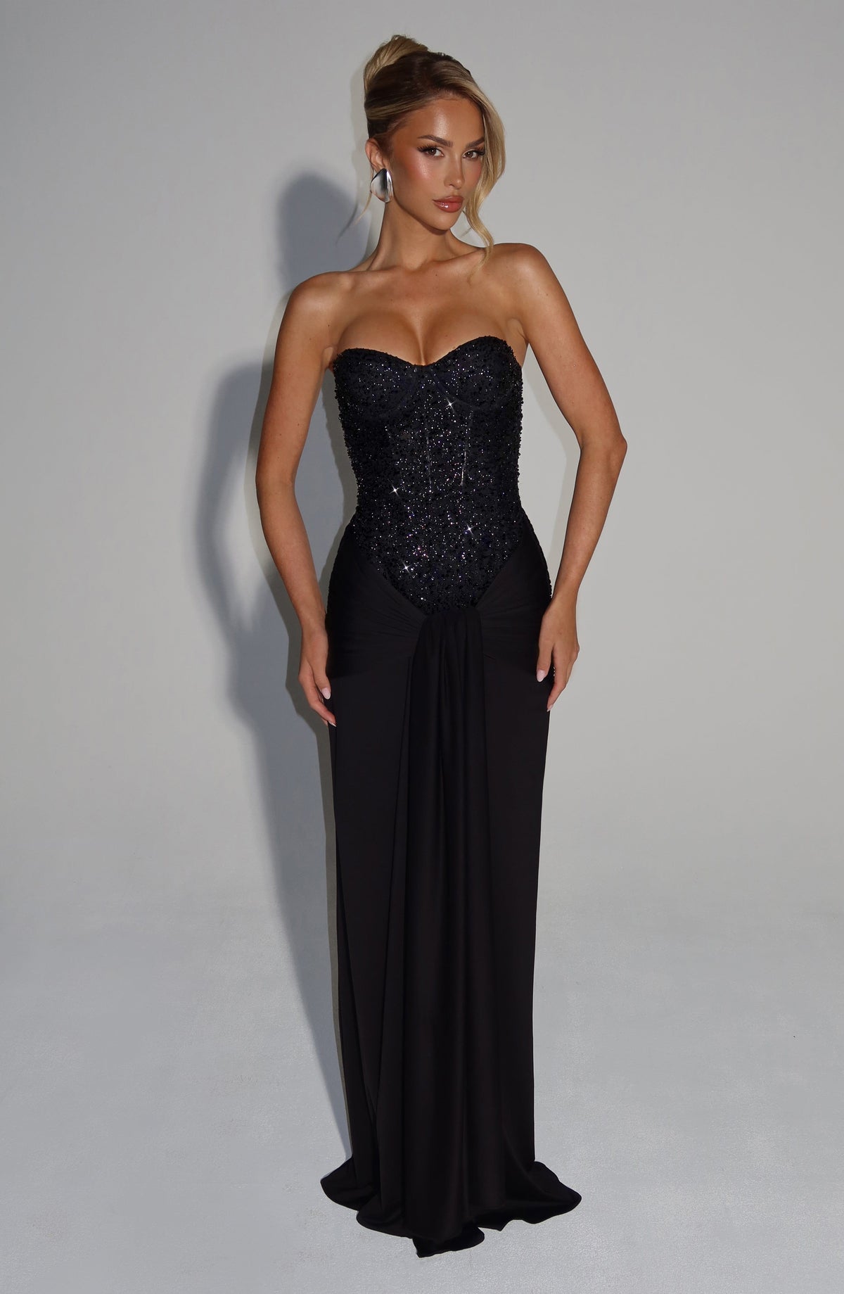 Sequin Embellished Strapless Sweetheart Corset Draped Maxi Gown