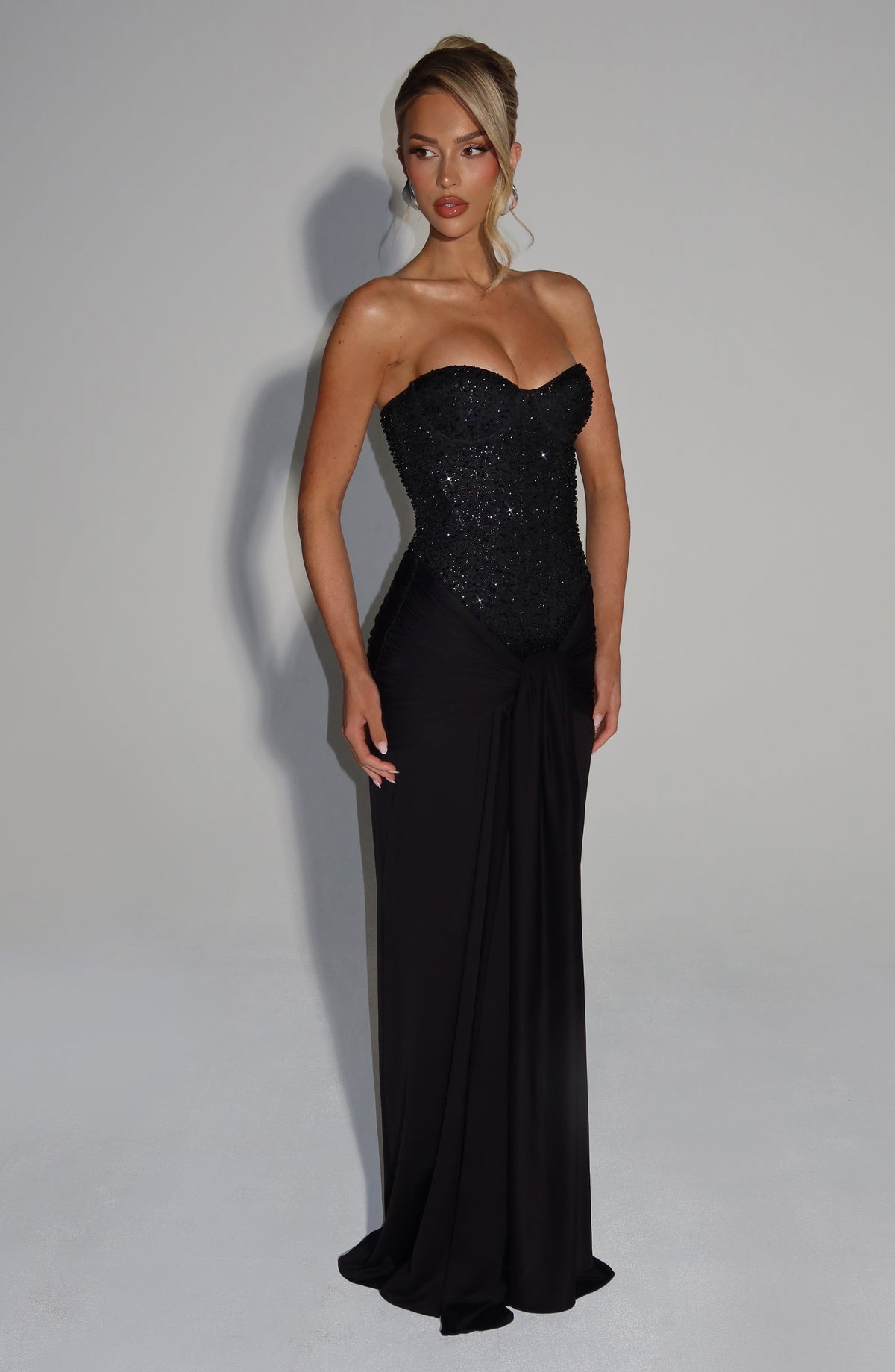 Sequin Embellished Strapless Sweetheart Corset Draped Maxi Gown 4
