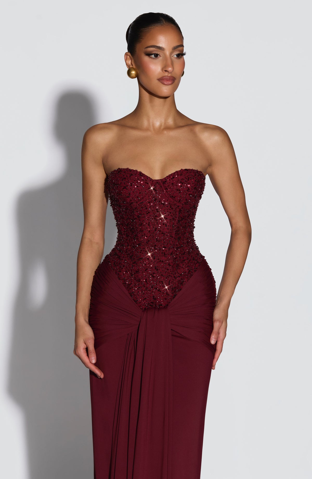 Sequin Beaded Strapless Corset Draped Skirt Maxi Gown 4