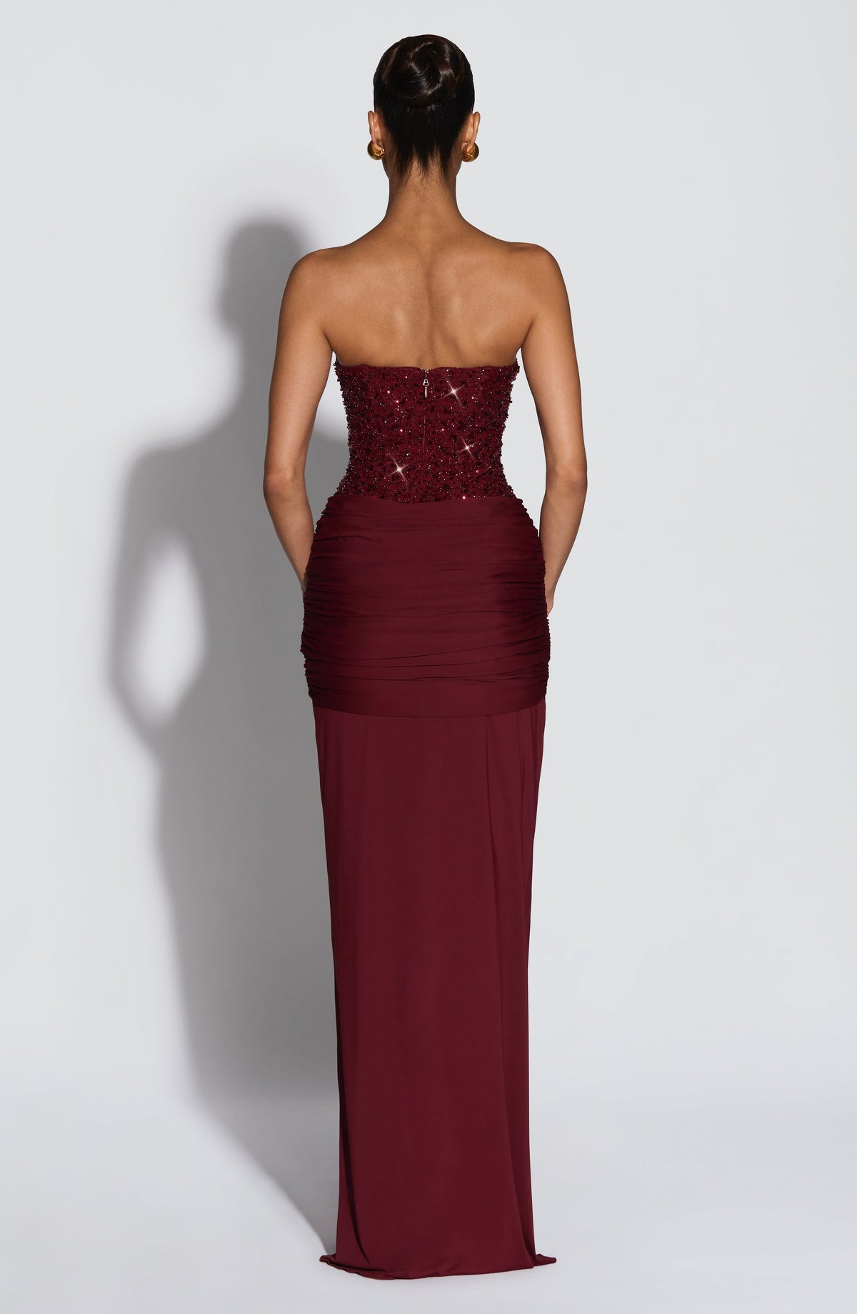 Sequin Beaded Strapless Corset Draped Skirt Maxi Gown 2