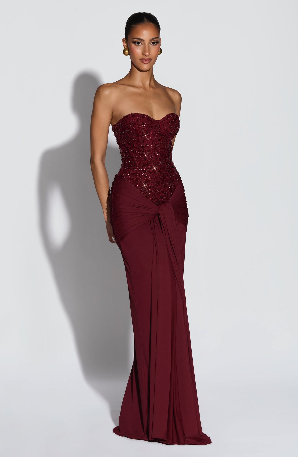 Sequin Beaded Strapless Corset Draped Skirt Maxi Gown 3