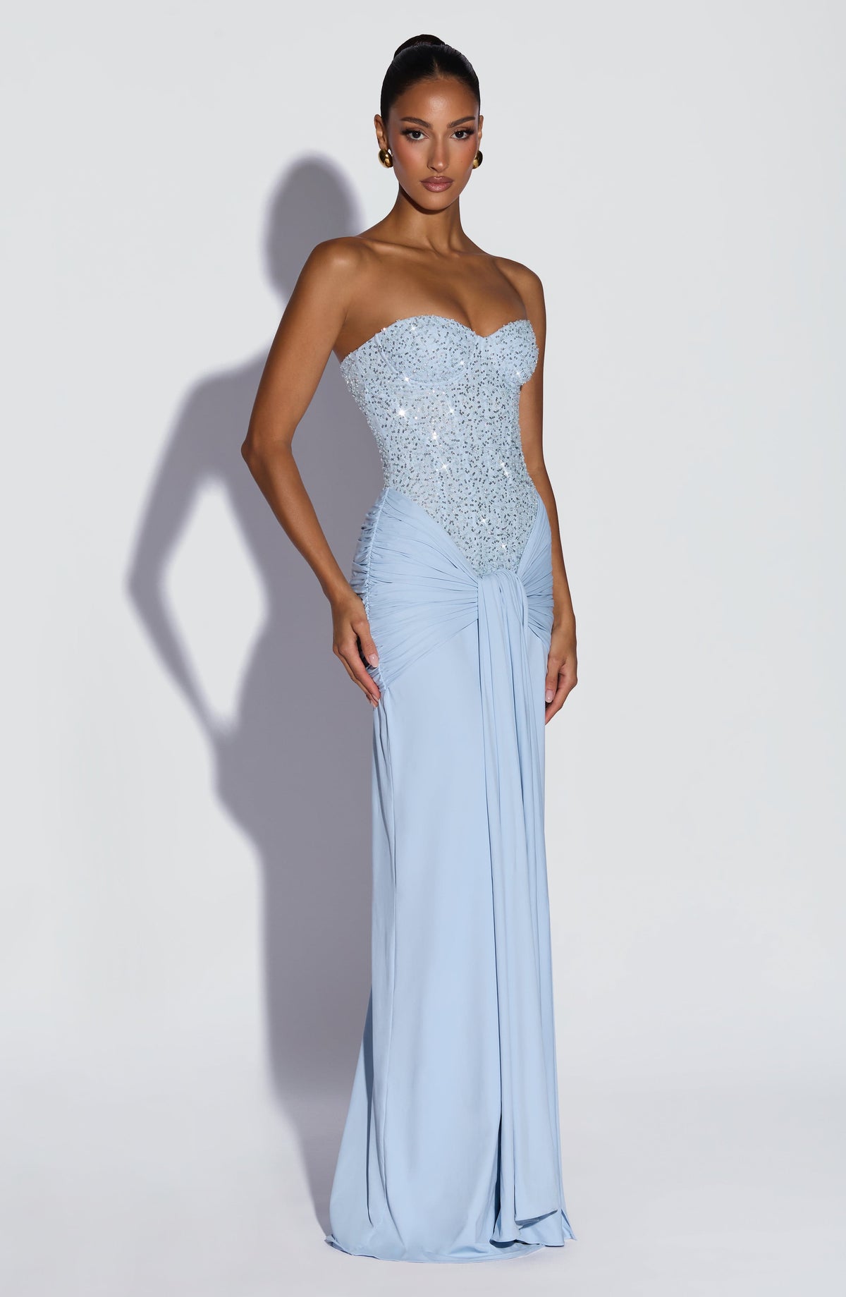 Sequin Corset Strapless Ruched Drape Maxi Gown 2