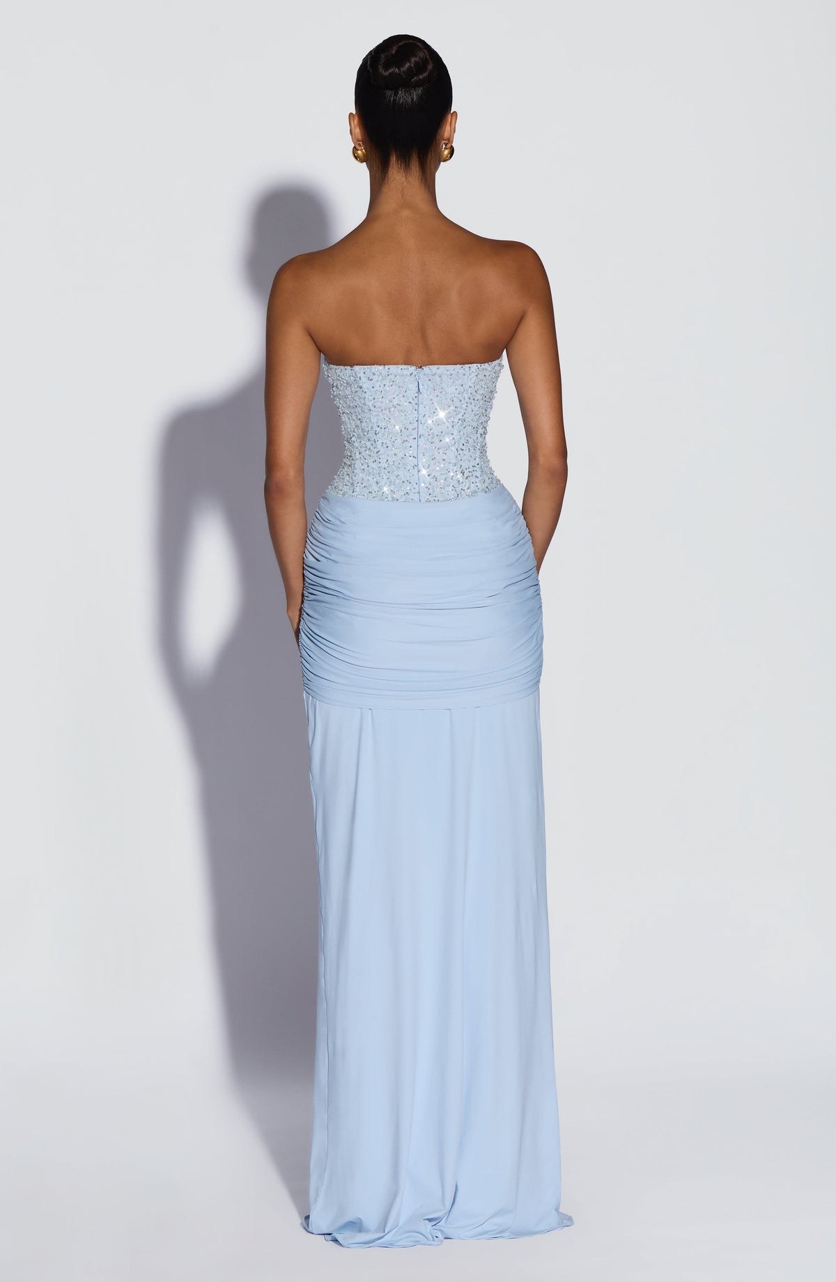 Sequin Corset Strapless Ruched Drape Maxi Gown 3