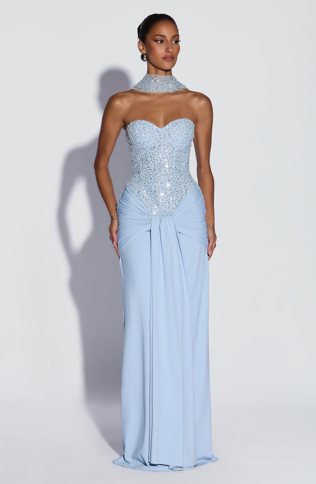 Sequin Corset Strapless Ruched Drape Maxi Gown 12