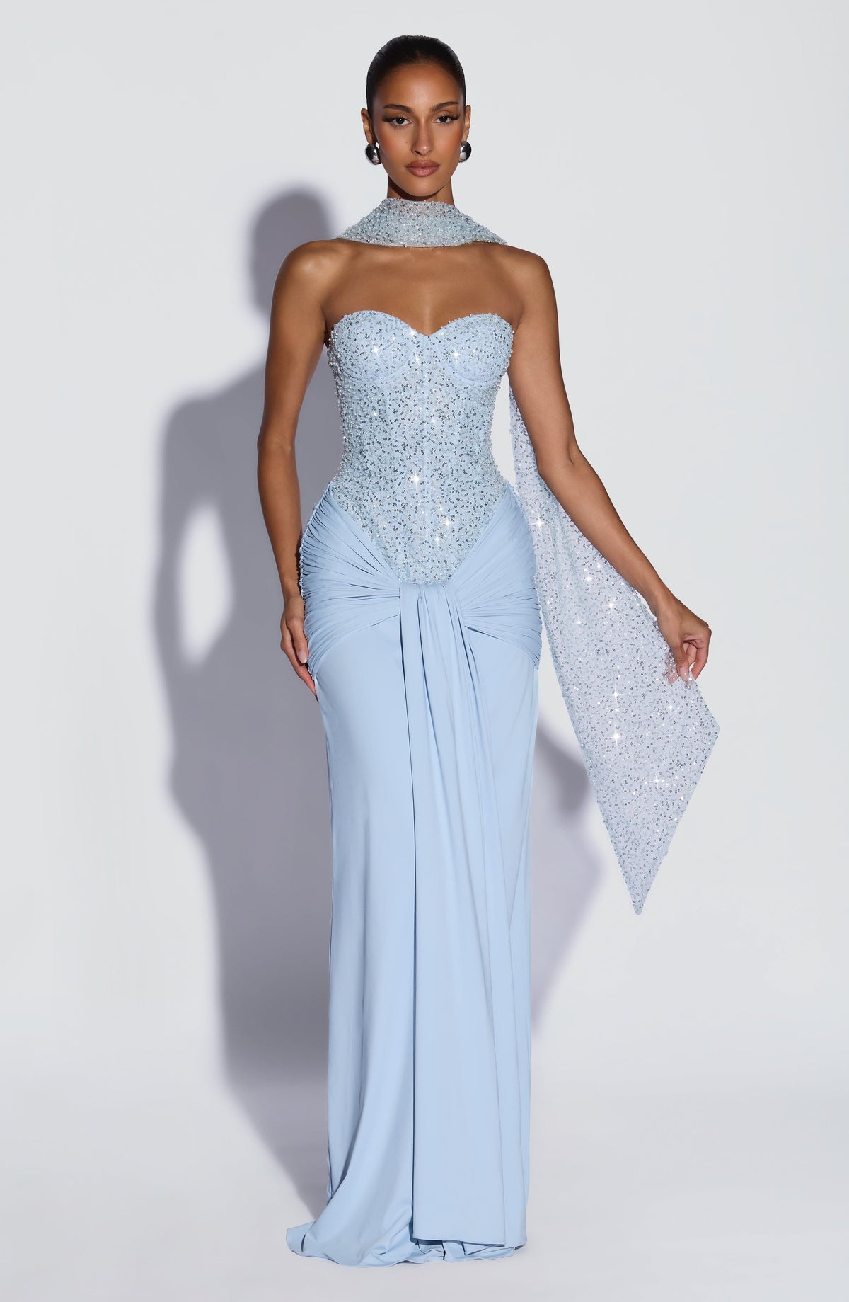 Sequin Corset Strapless Ruched Drape Maxi Gown 11